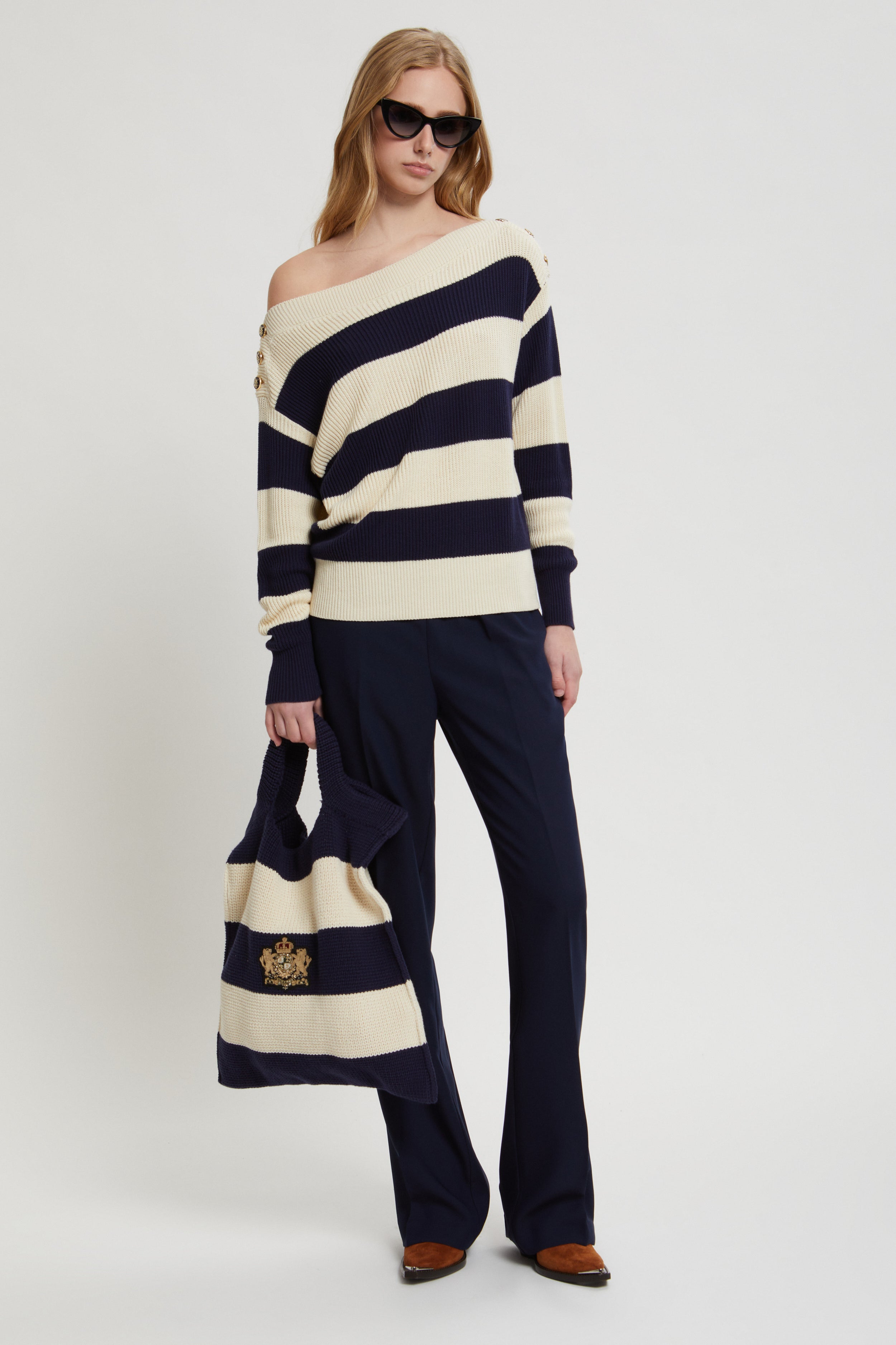RIBBED-KNIT SWEATER WITH STRIPES AND BUTTONS ON THE SHOULDERS