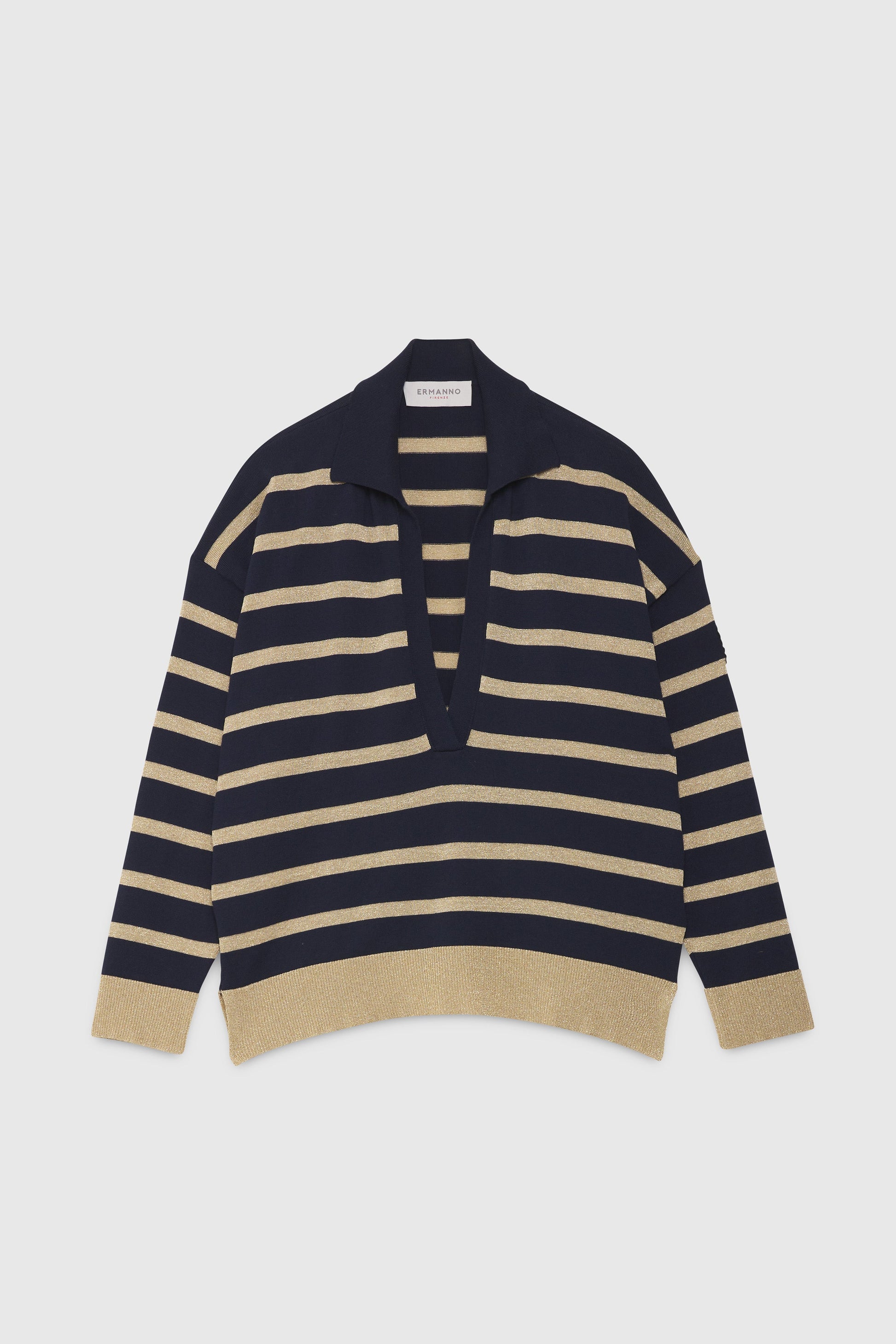 STRIPED V-NECK SWEATER WITH HERALDIC PATCH