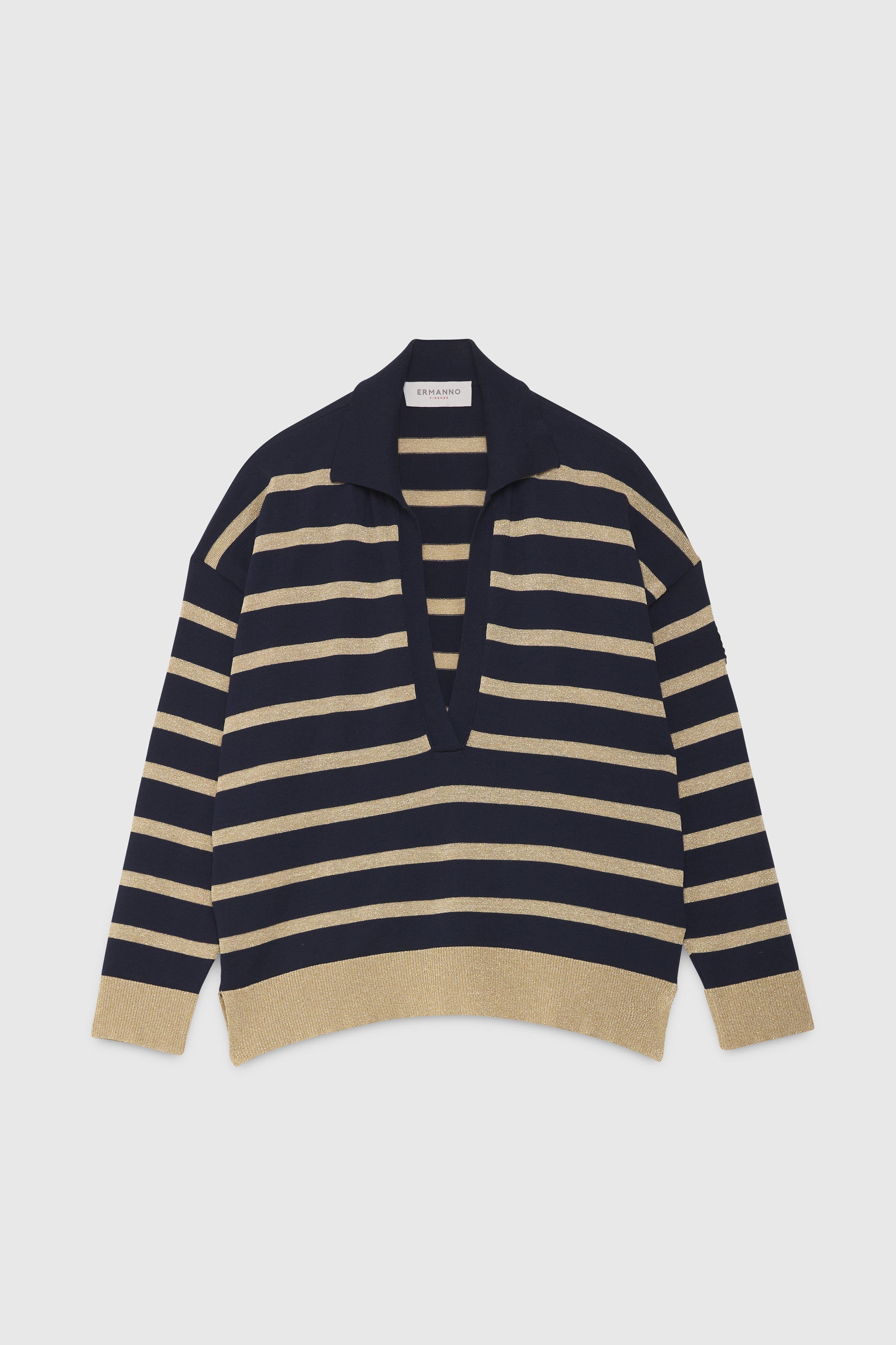 STRIPED V-NECK SWEATER WITH HERALDIC PATCH