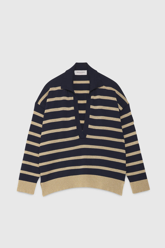 STRIPED V-NECK SWEATER WITH HERALDIC PATCH