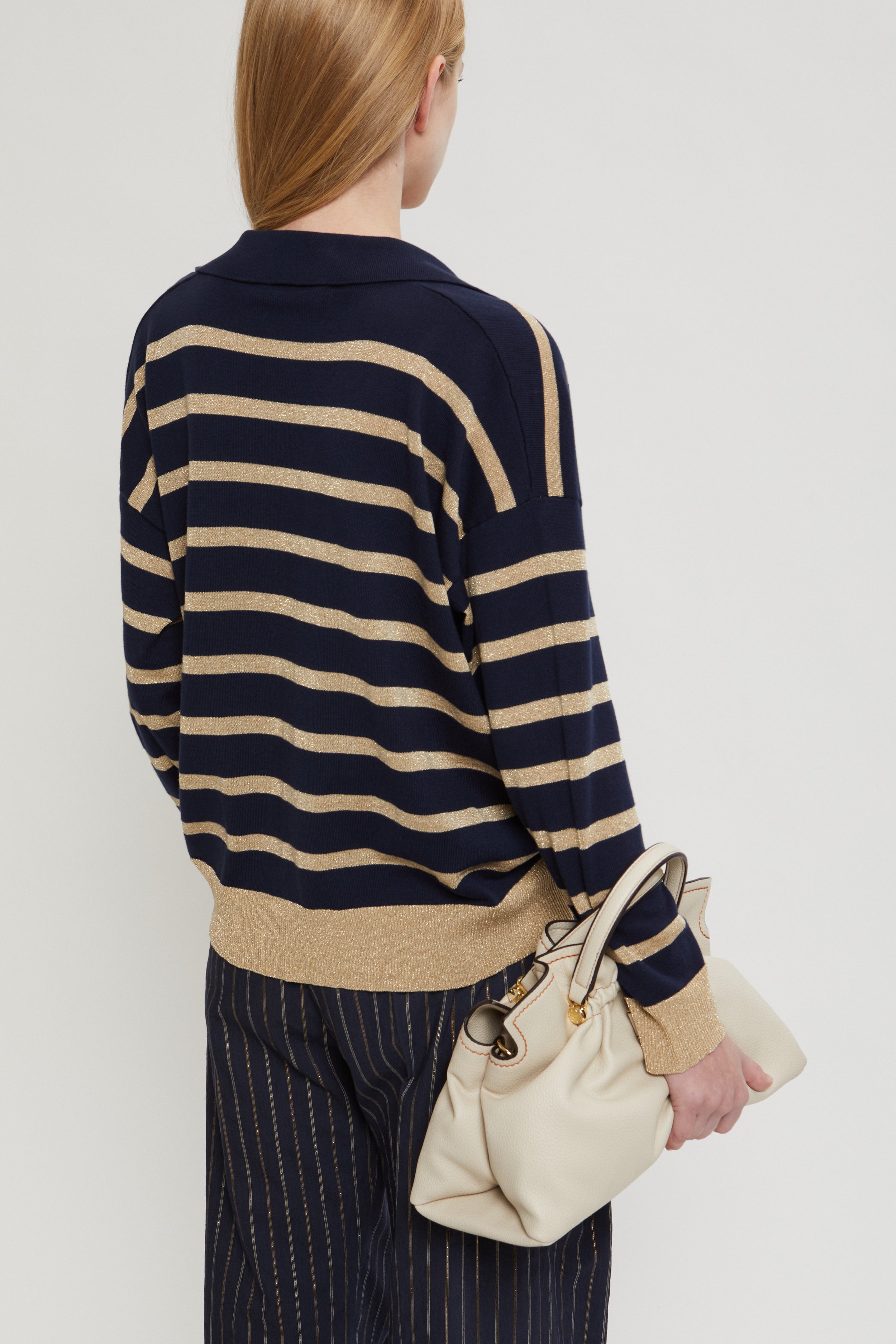 STRIPED V-NECK SWEATER WITH HERALDIC PATCH