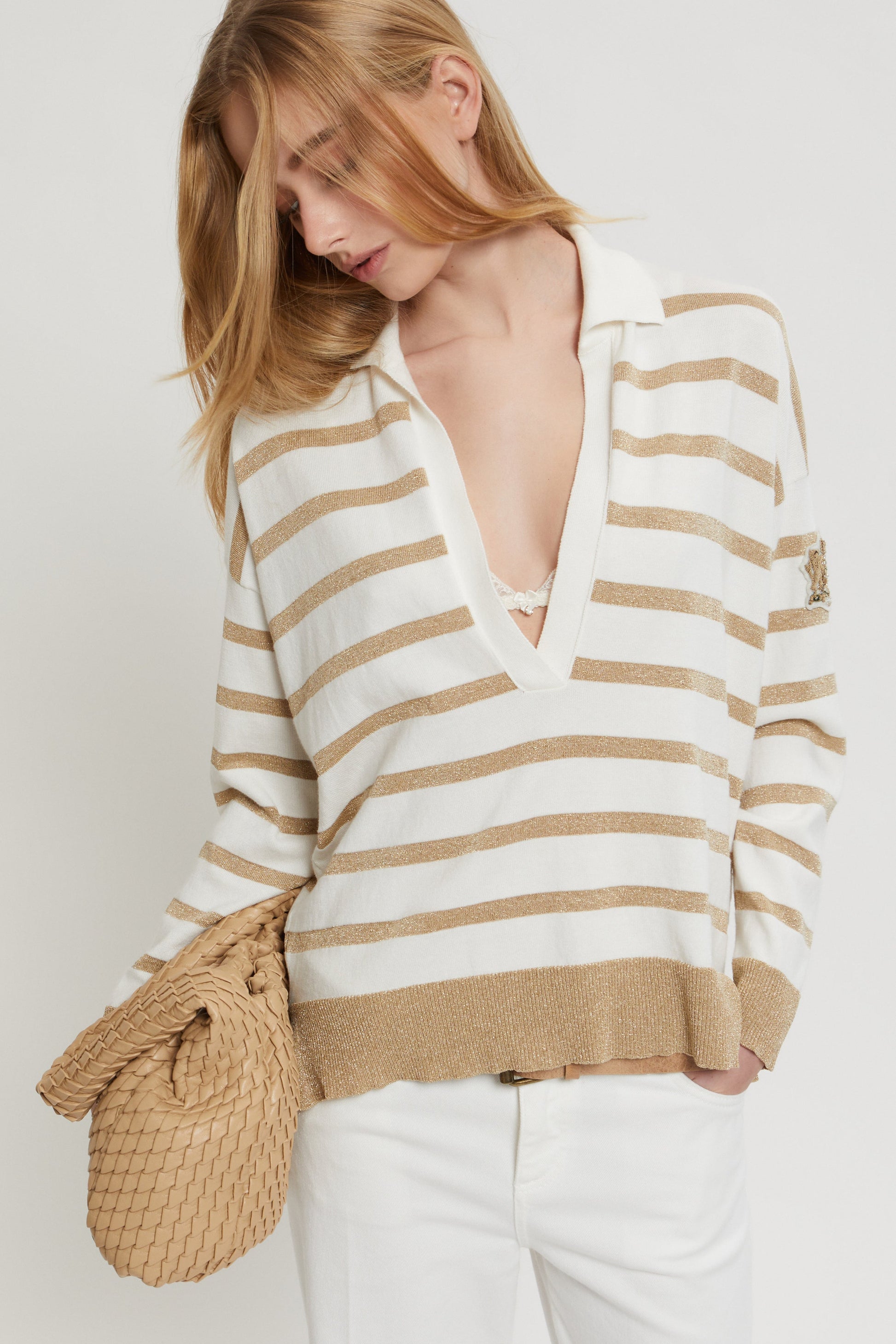 STRIPED V-NECK SWEATER WITH HERALDIC PATCH