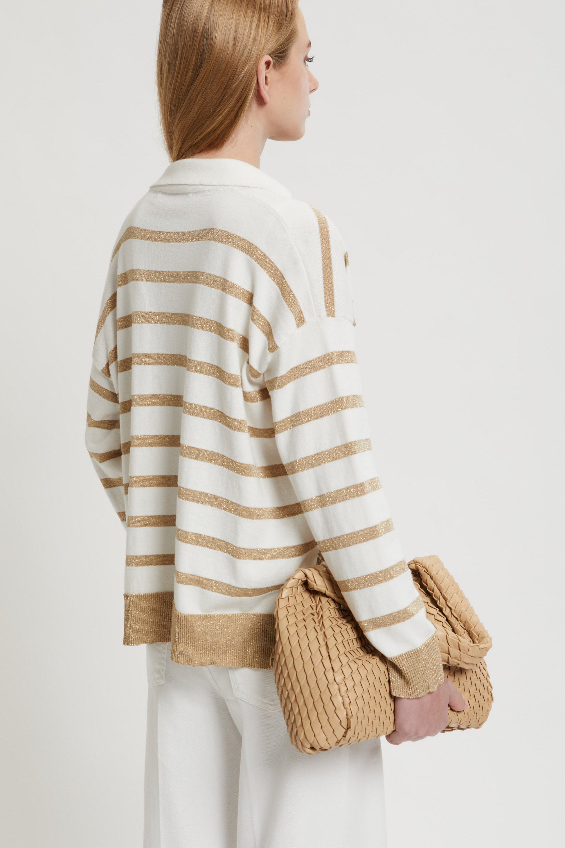 STRIPED V-NECK SWEATER WITH HERALDIC PATCH