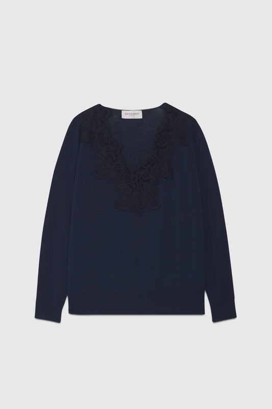 V-NECK SWATER WITH REBRODÉ LACE INSERT