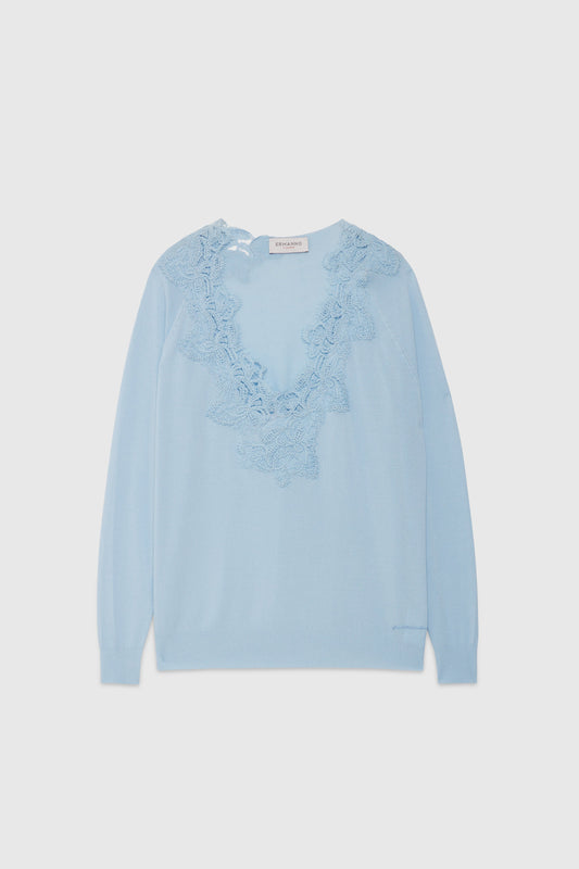 V-NECK SWATER WITH REBRODÉ LACE INSERT
