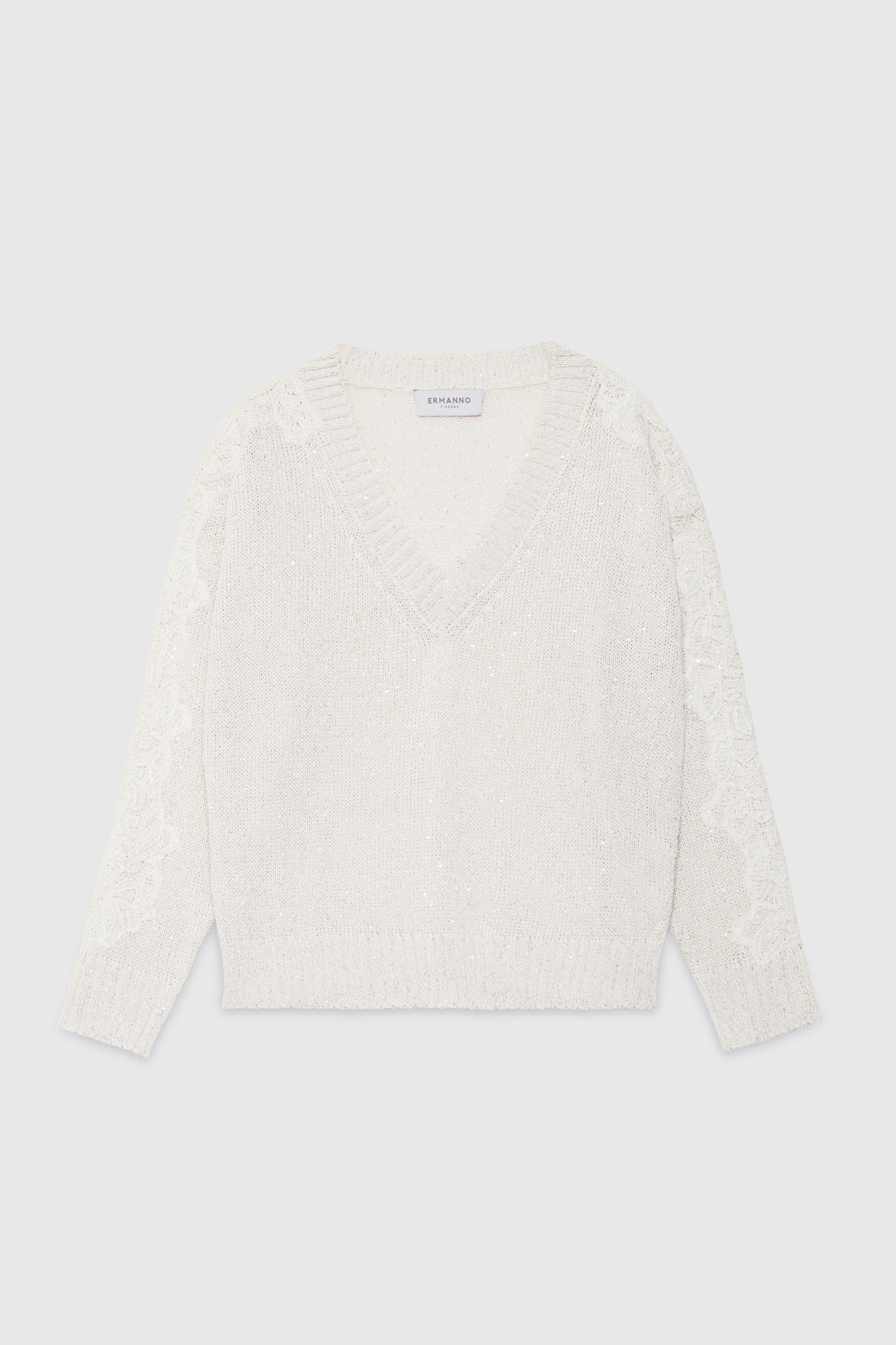 V-NECK SWEATER WITH SEQUINS AND LACE ON THE SLEEVES