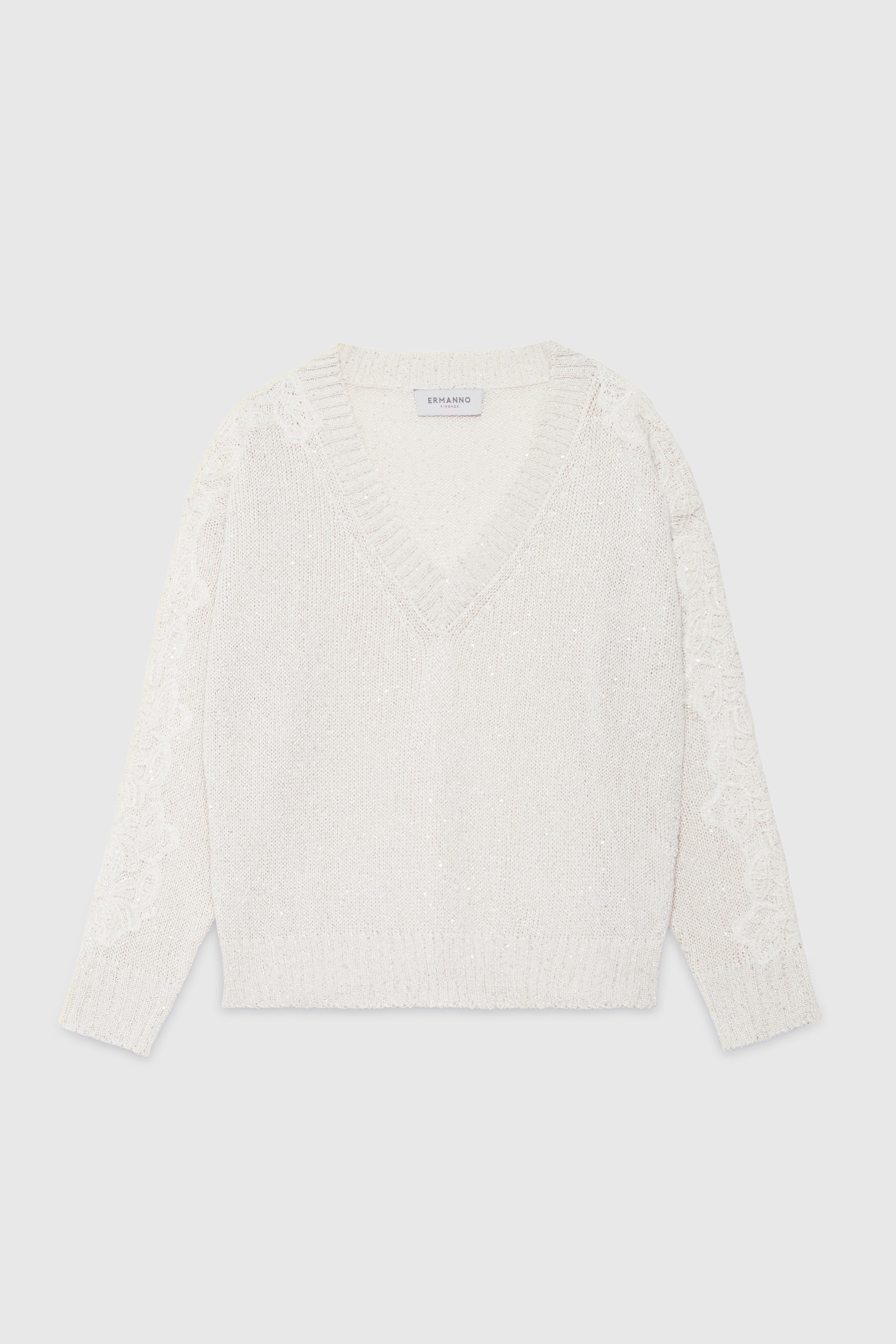 V-NECK SWEATER WITH SEQUINS AND LACE ON THE SLEEVES