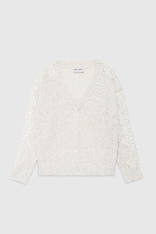 V-NECK SWEATER WITH SEQUINS AND LACE ON THE SLEEVES