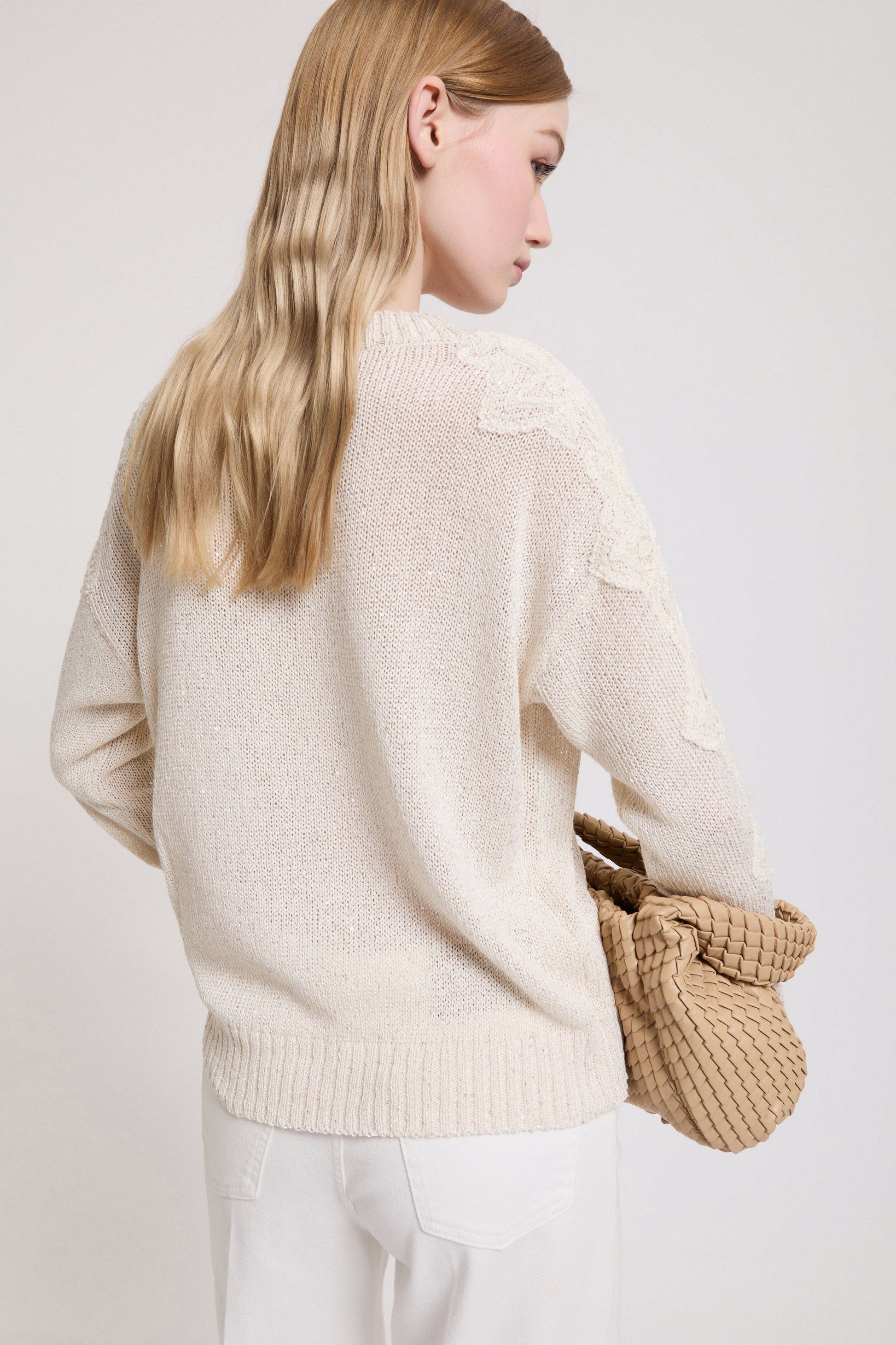 V-NECK SWEATER WITH SEQUINS AND LACE ON THE SLEEVES