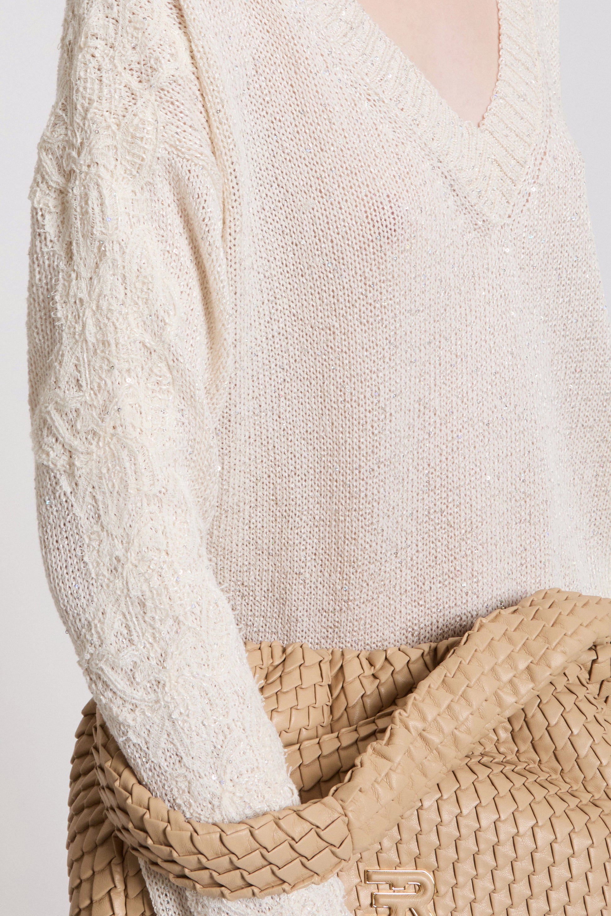 V-NECK SWEATER WITH SEQUINS AND LACE ON THE SLEEVES