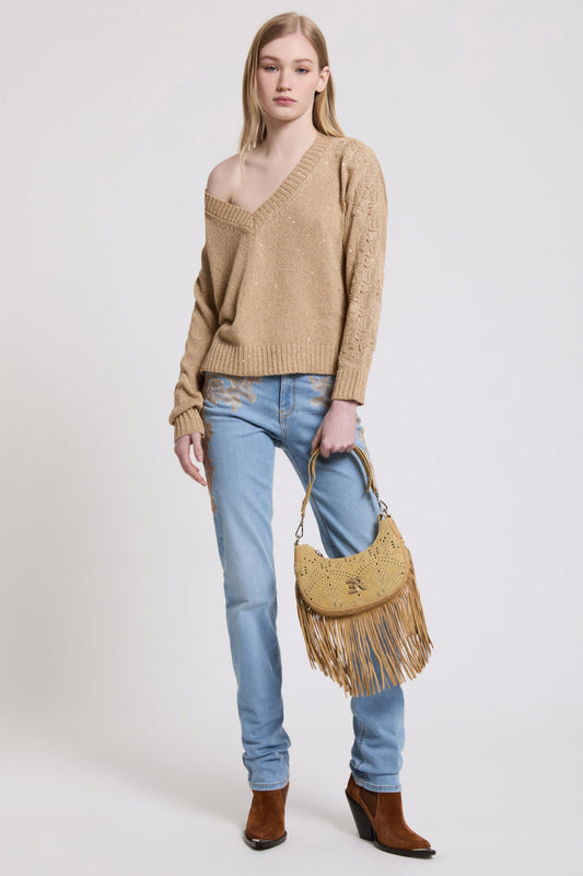V-NECK SWEATER WITH SEQUINS AND LACE ON THE SLEEVES