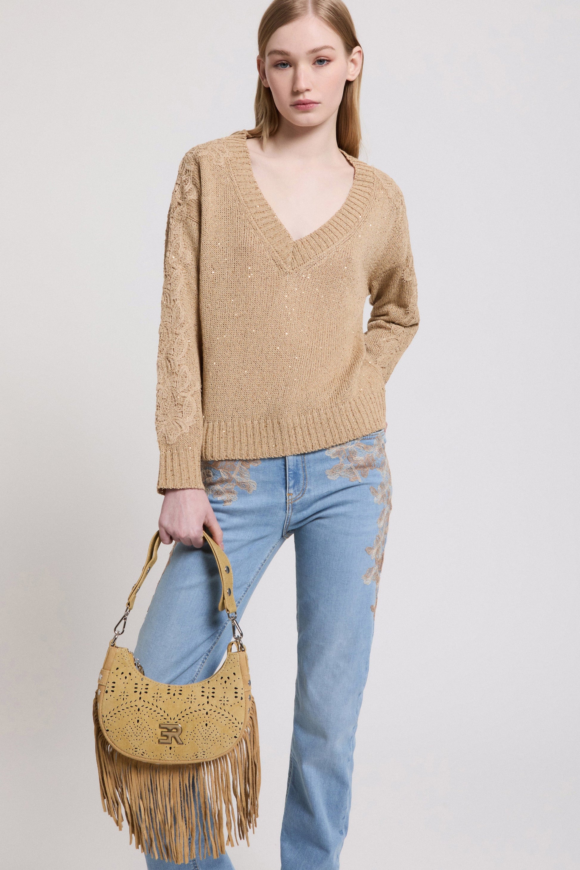 V-NECK SWEATER WITH SEQUINS AND LACE ON THE SLEEVES