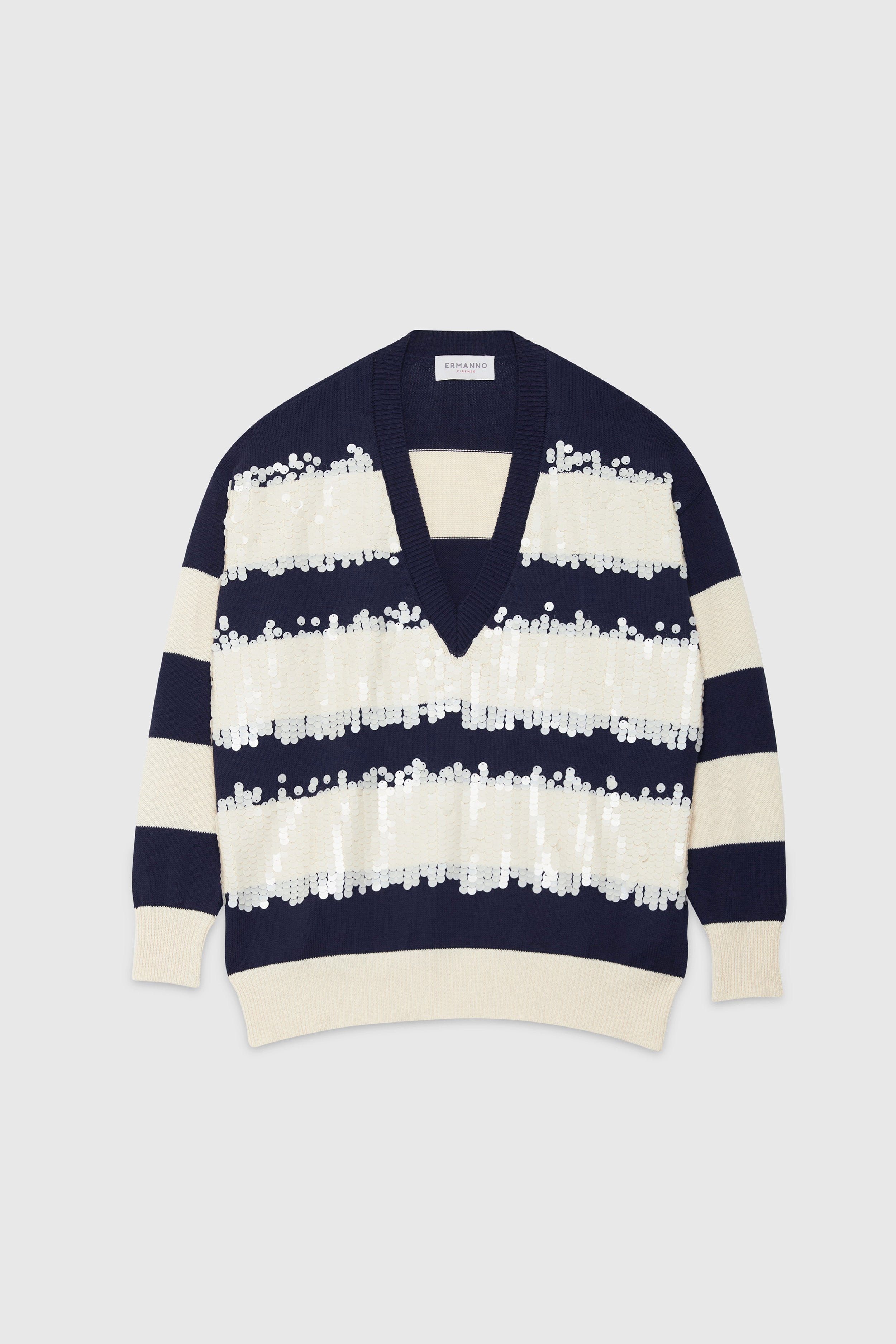 V-NECK SWEATER WITH SEQUINS AND STRIPES