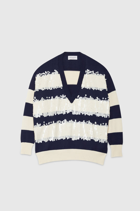 V-NECK SWEATER WITH SEQUINS AND STRIPES