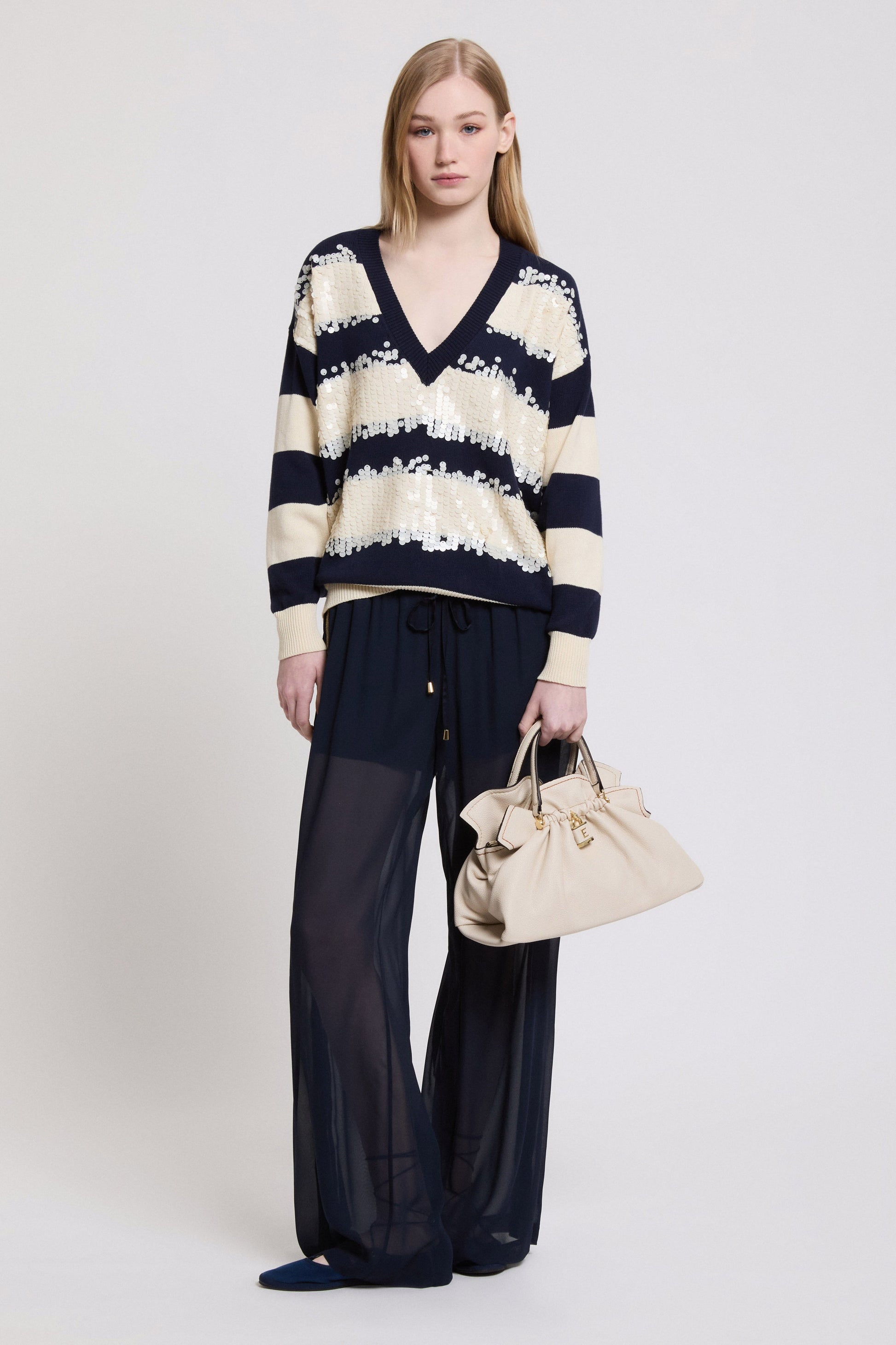 V-NECK SWEATER WITH SEQUINS AND STRIPES