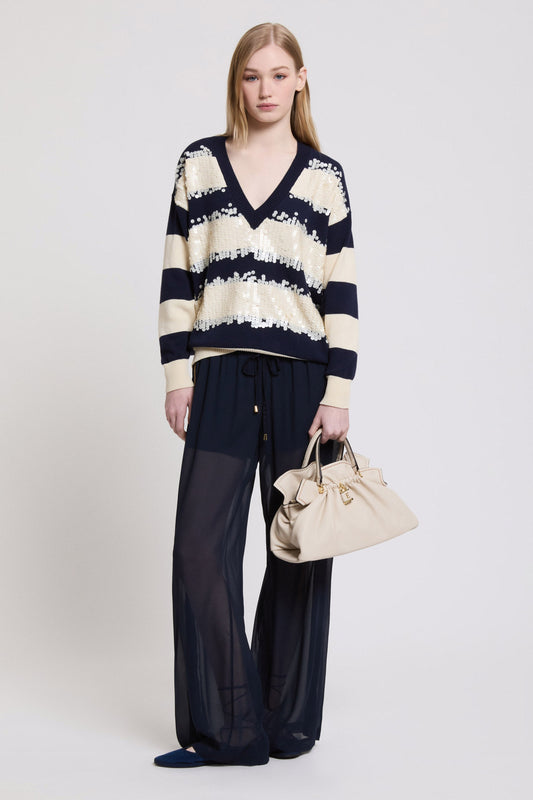 V-NECK SWEATER WITH SEQUINS AND STRIPES