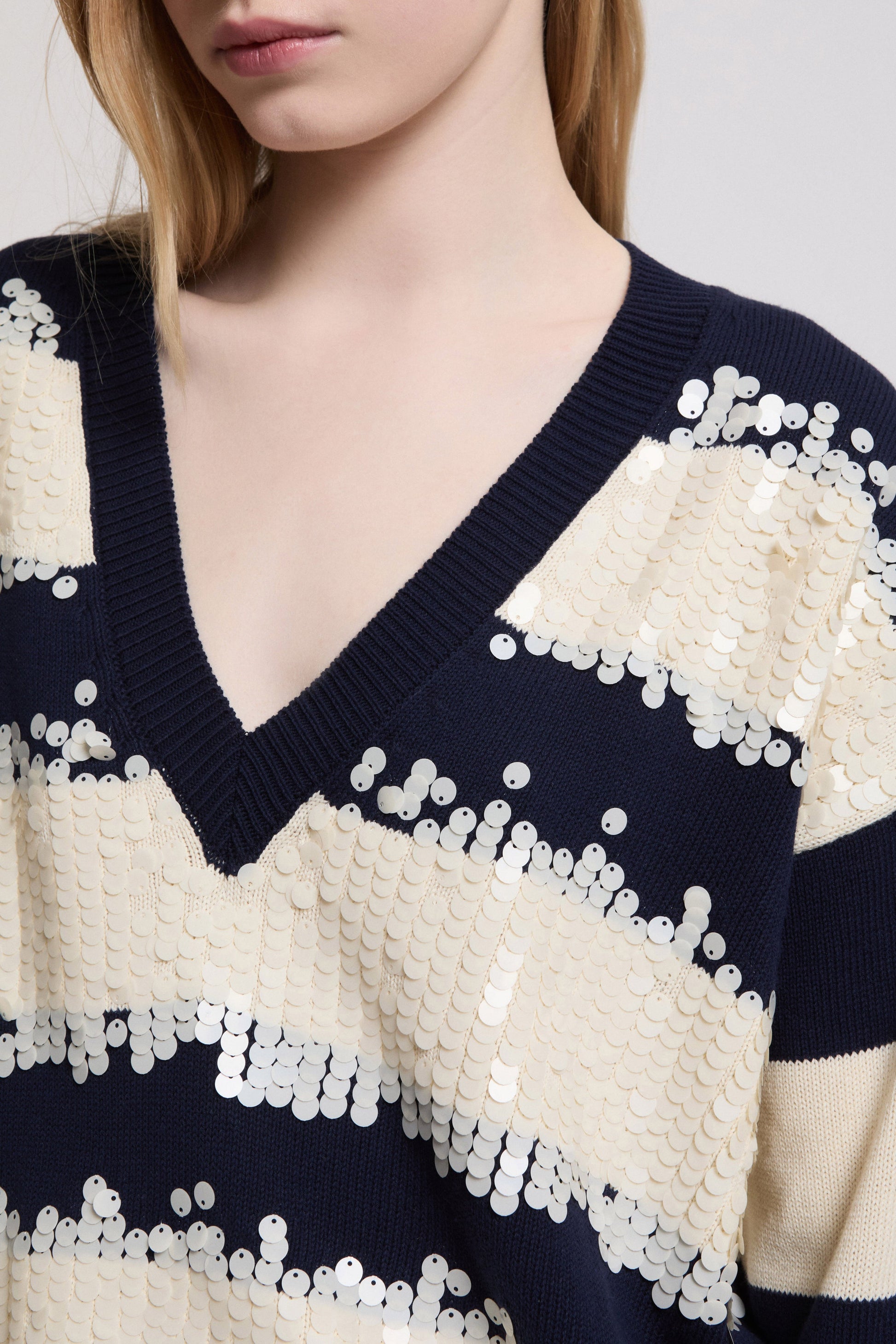 V-NECK SWEATER WITH SEQUINS AND STRIPES