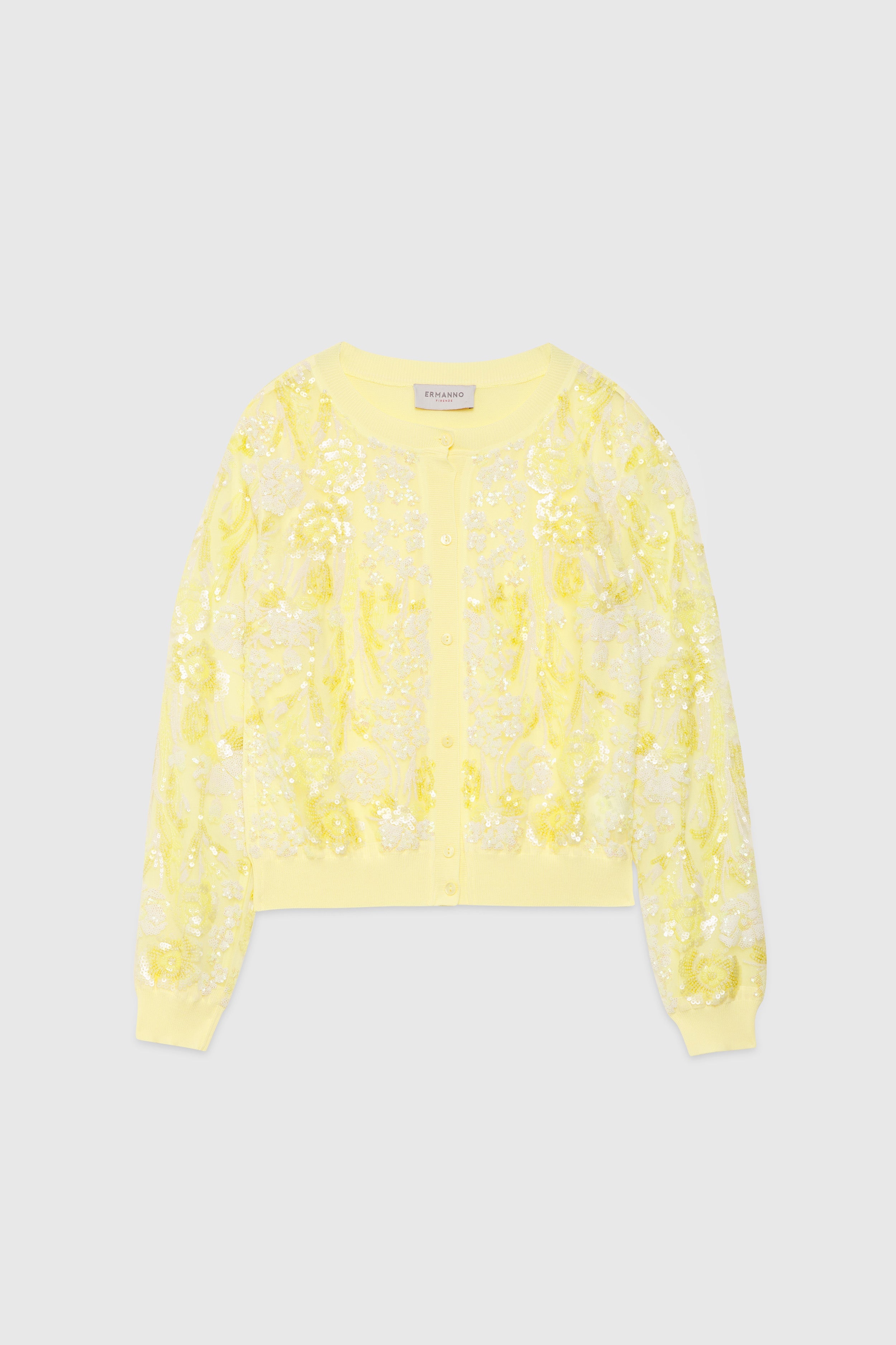 CARDIGAN DE VISCOSE AVEC FLEURS EN PAILLETTES