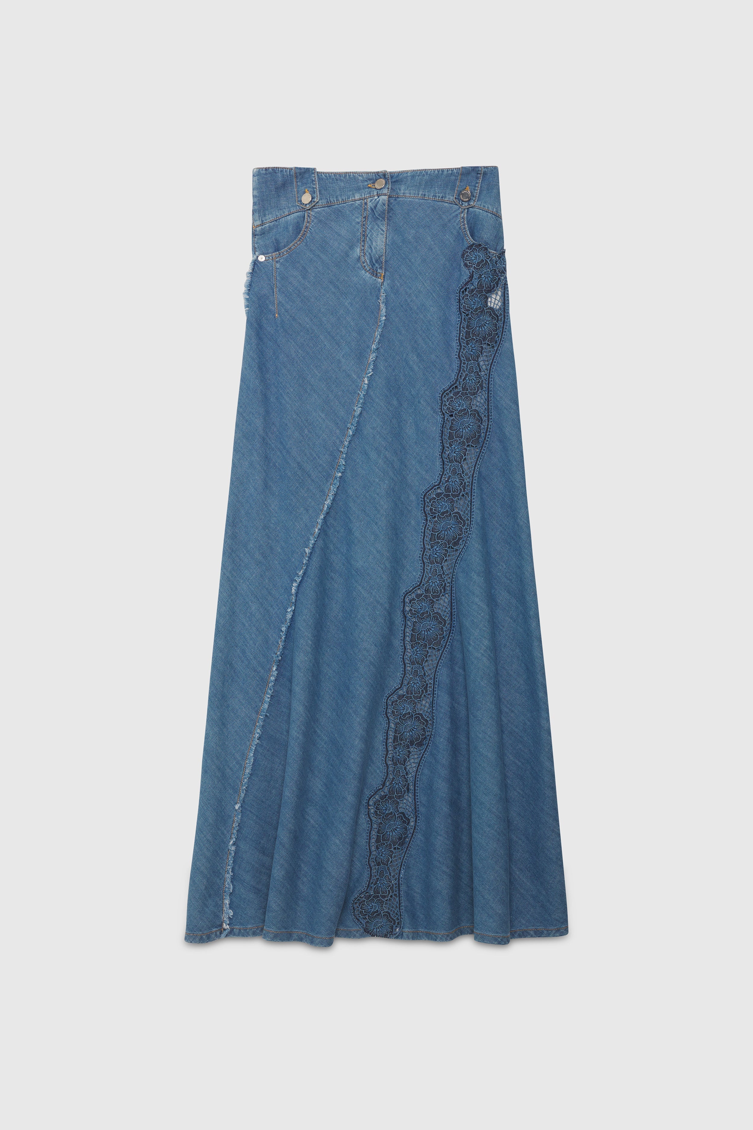 GONNA LUNGA DI JEANS LEGGERO CON RICAMO