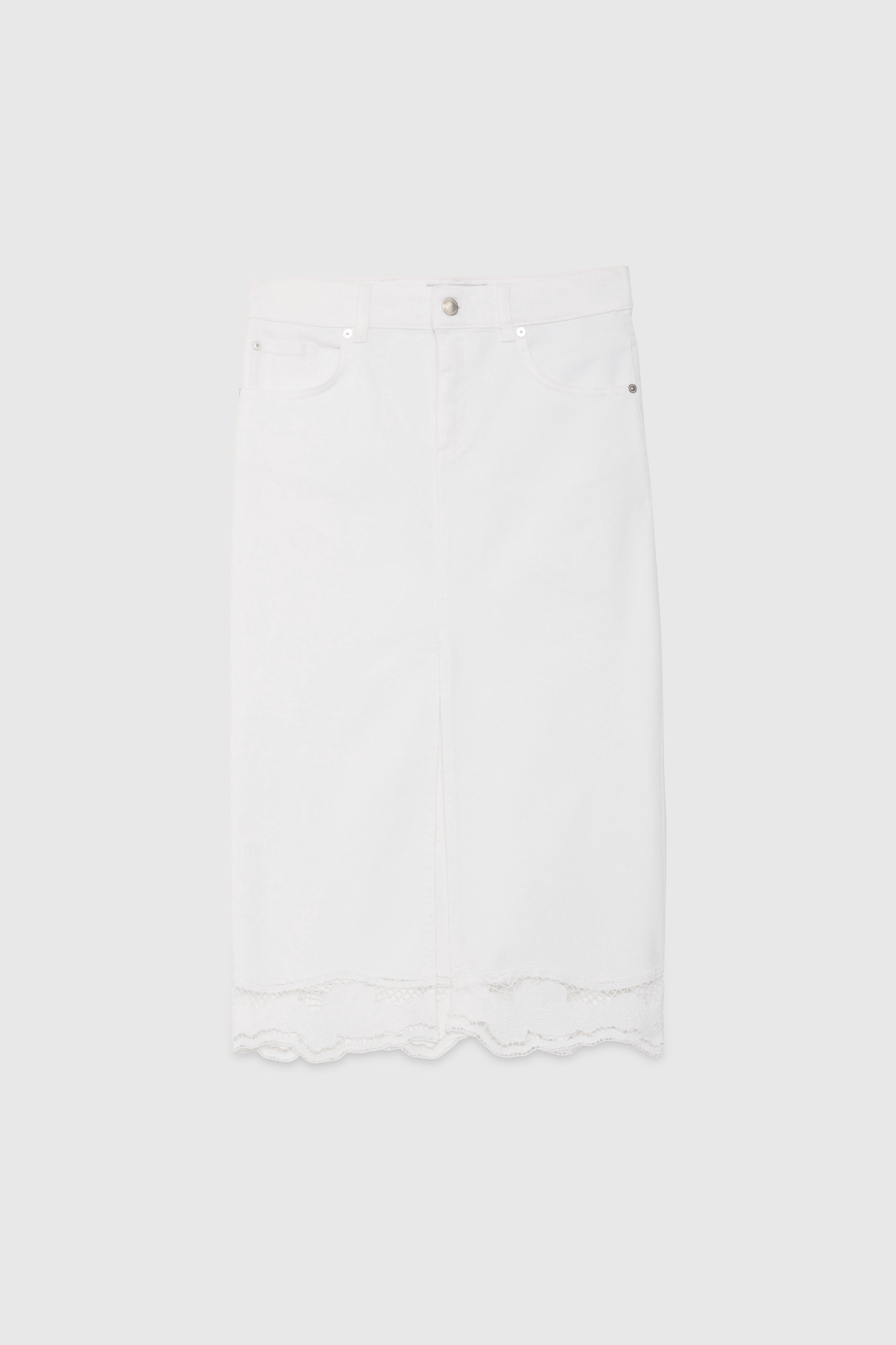 GONNA LONGUETTE IN JEANS BIANCO CON RICAMO