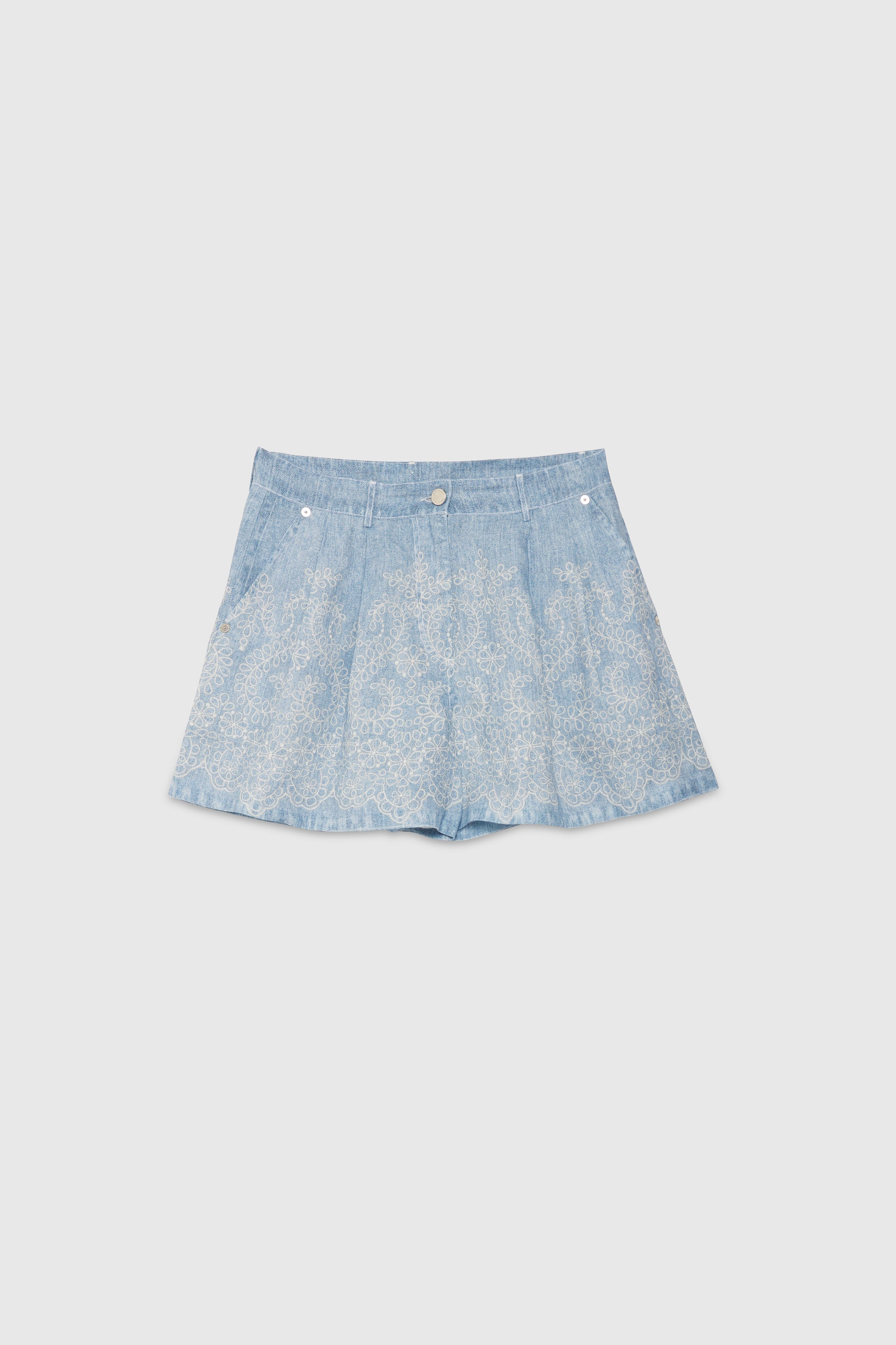 SHORTS IN LINO STAMPA DENIM E PIZZO