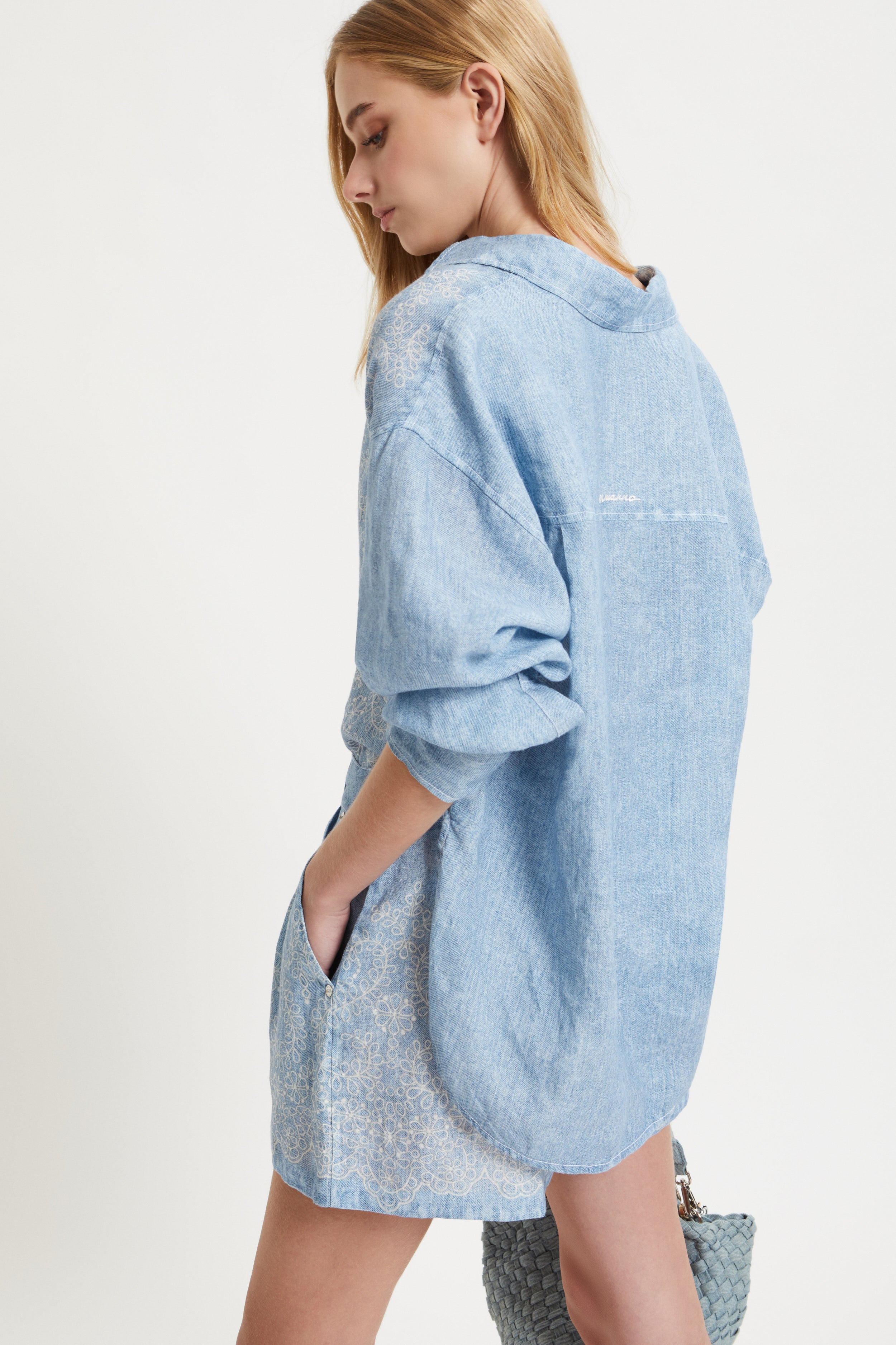 Image of SHORTS IN LINO STAMPA DENIM E PIZZO