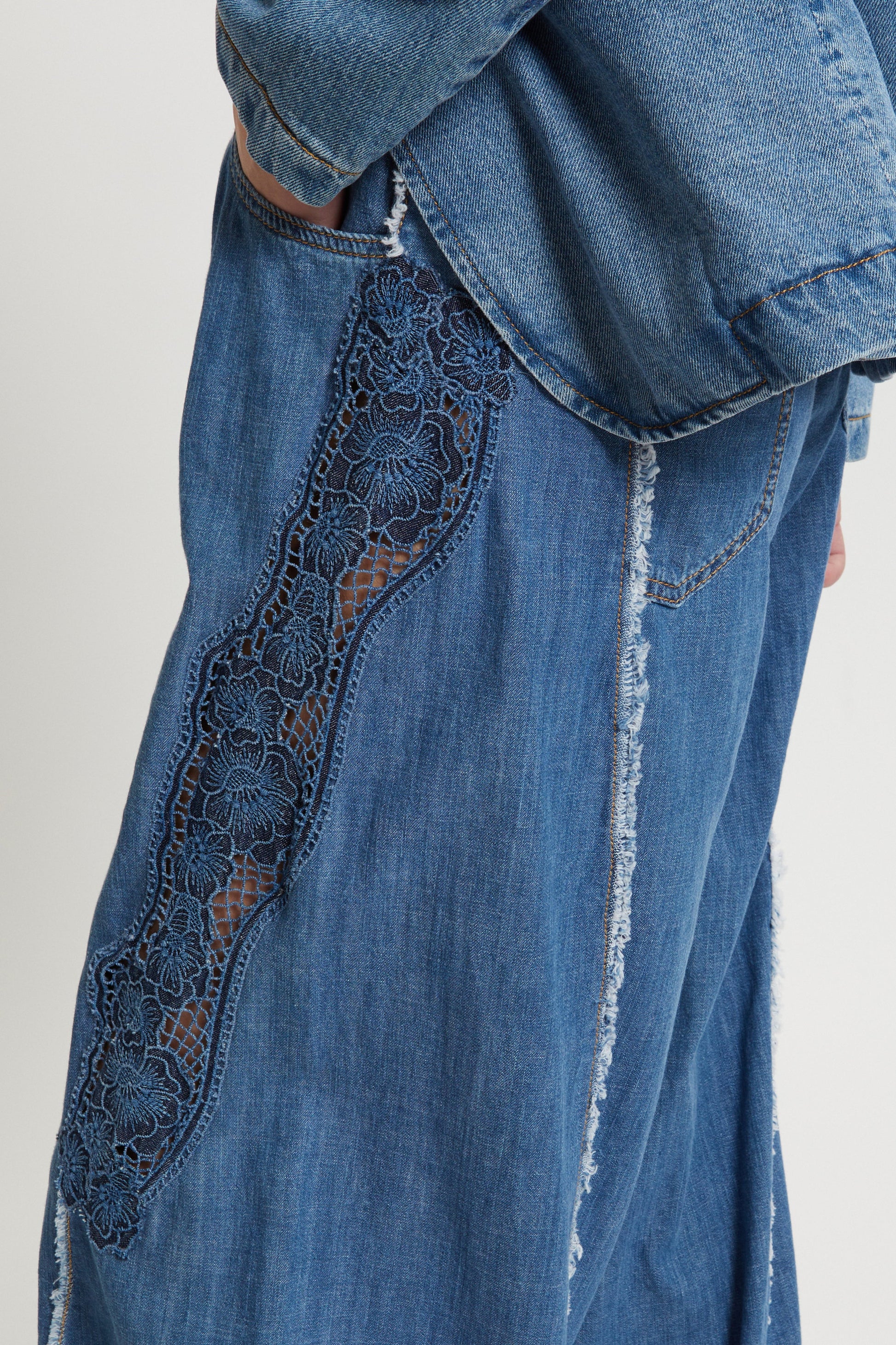 WIDE DENIM FABRIC PANTS WITH EMBROIDERY