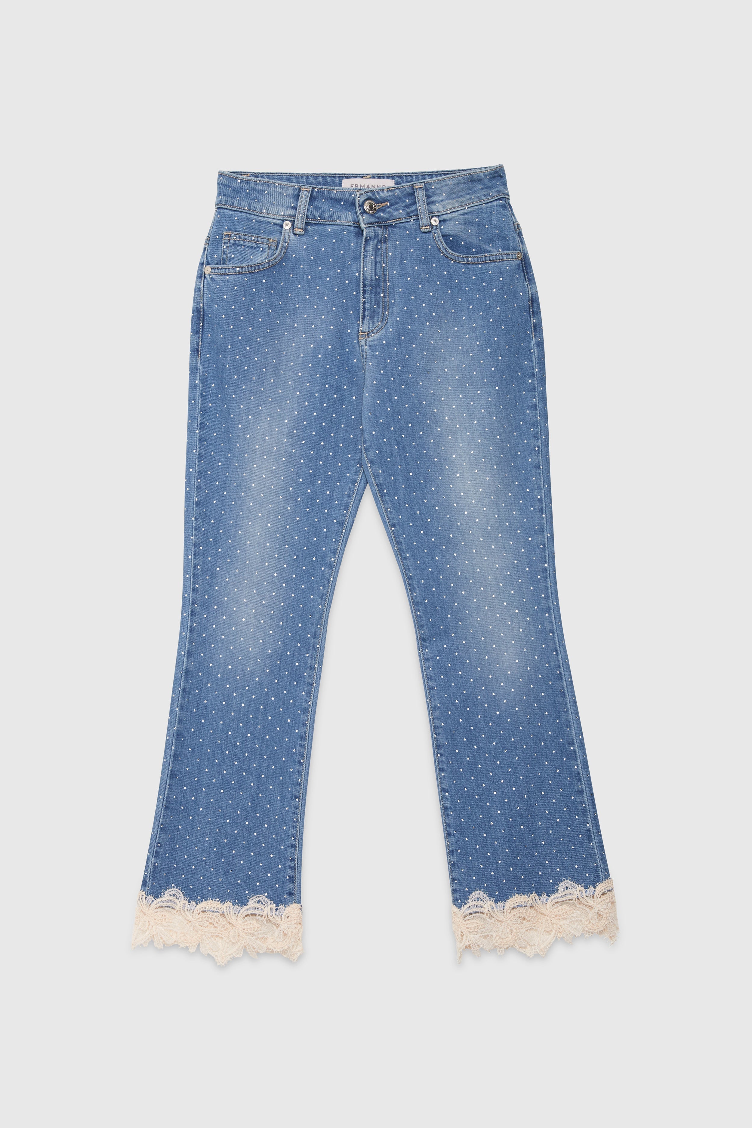 Image of JEANS CROP CON STRASS E BORDO DI PIZZO