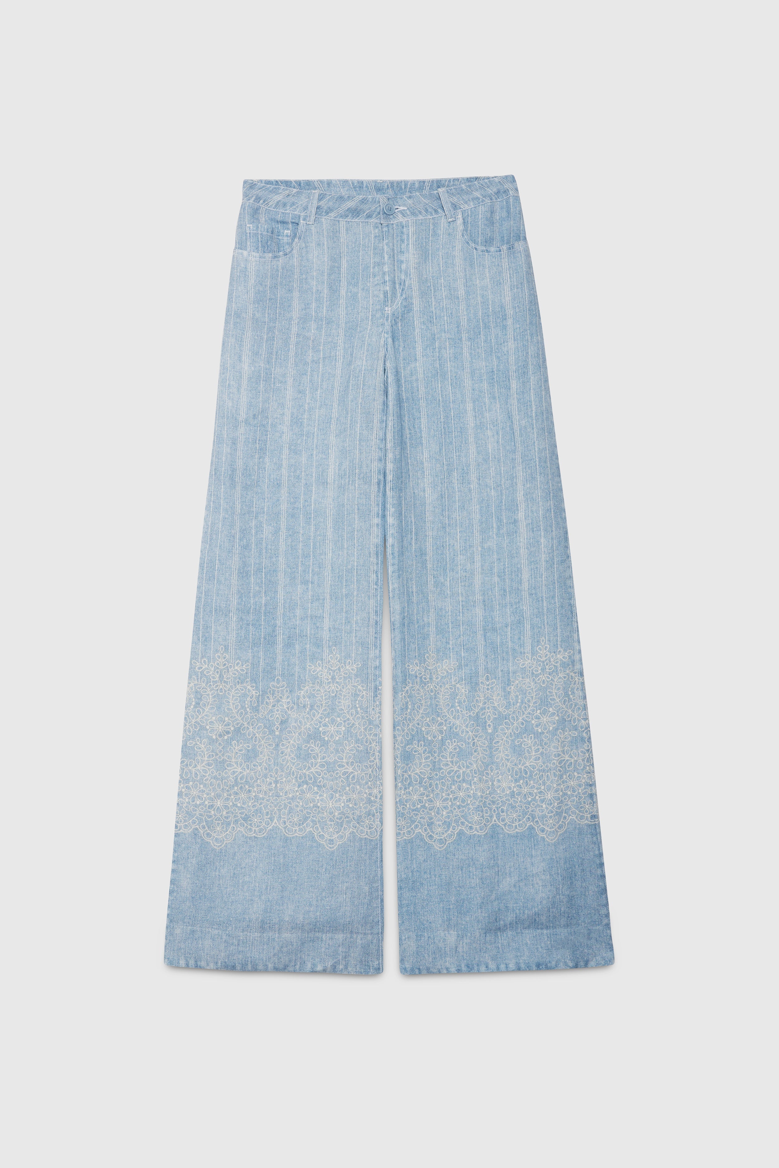 PANTALONI IN LINO STAMPA DENIM E PIZZO