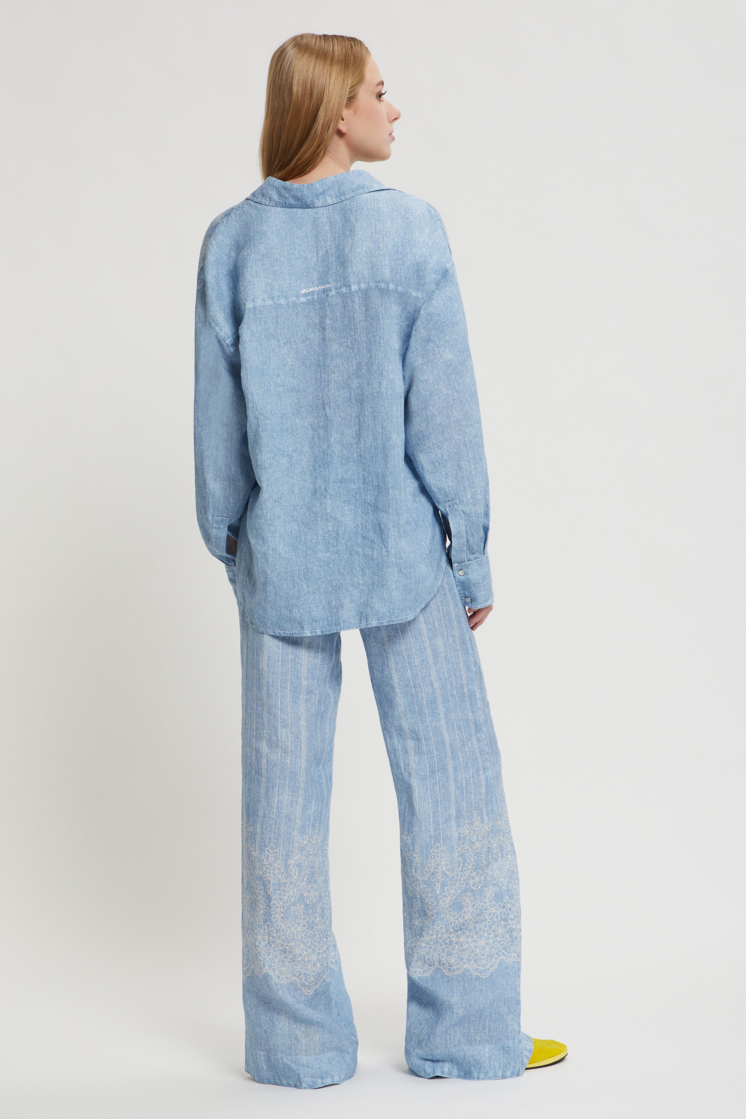 PANTALONI IN LINO STAMPA DENIM E PIZZO