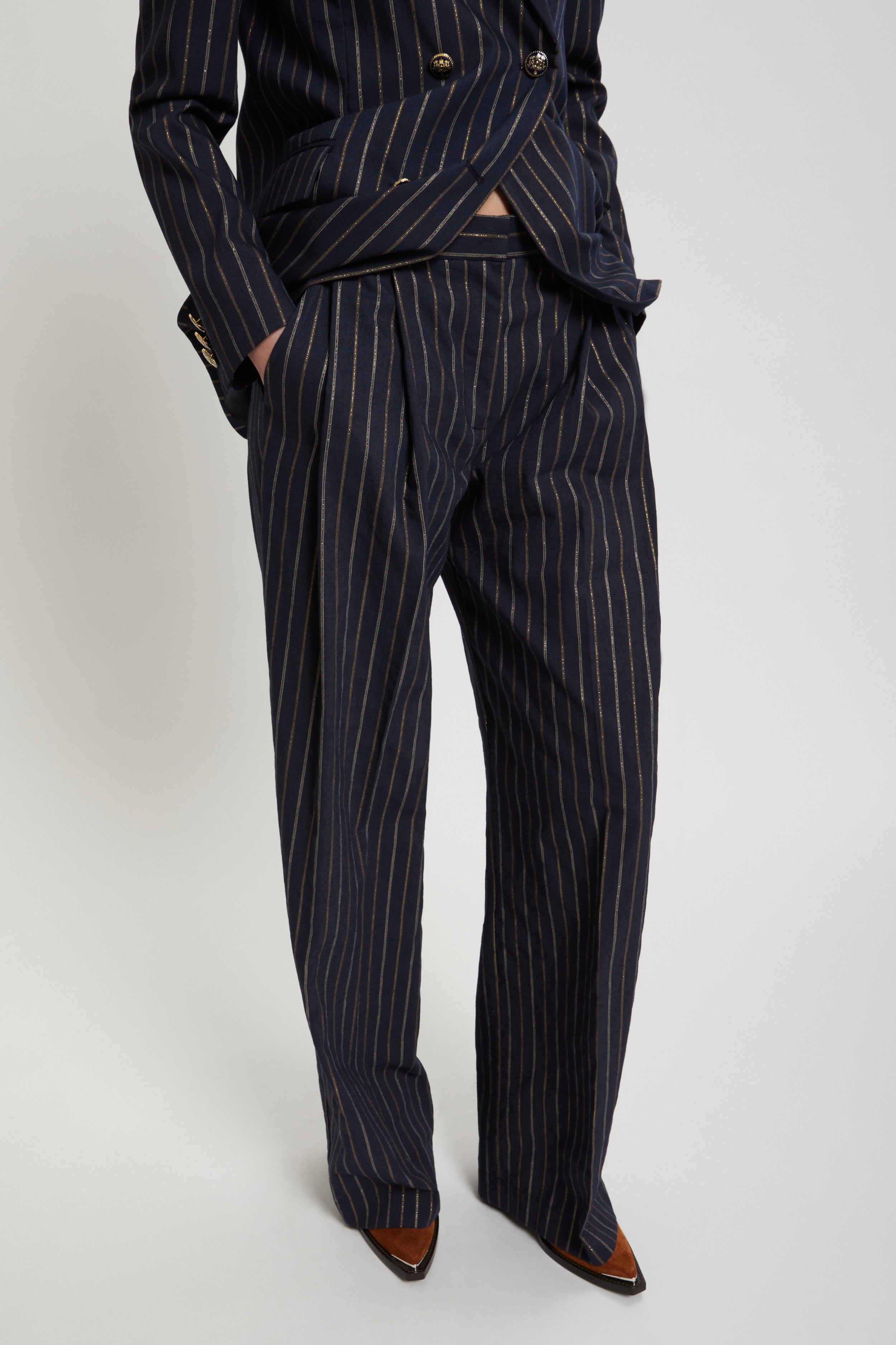 Image of PINSTRIPE PANTS WITH GOLD DETAILS