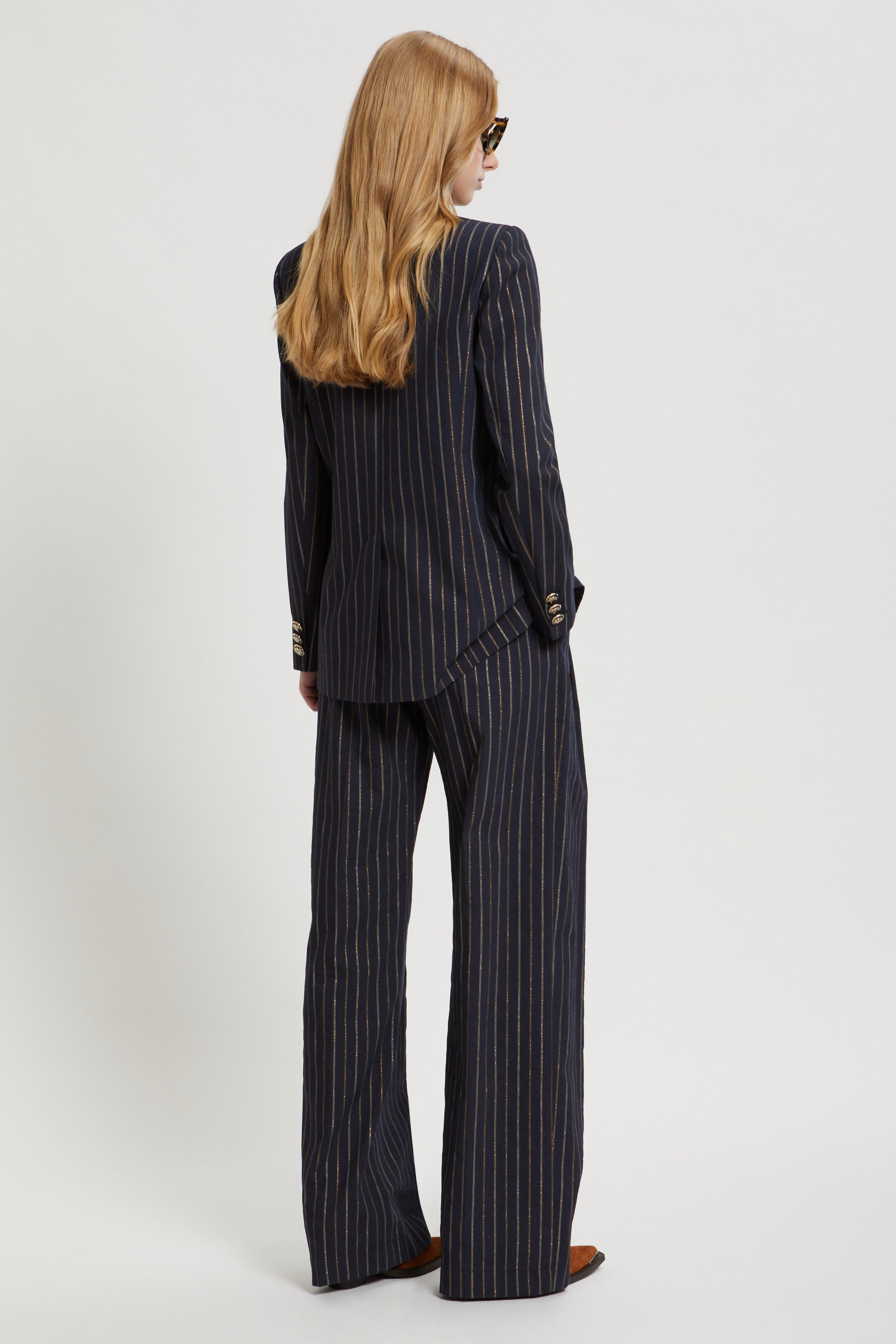 Image of PINSTRIPE PANTS WITH GOLD DETAILS
