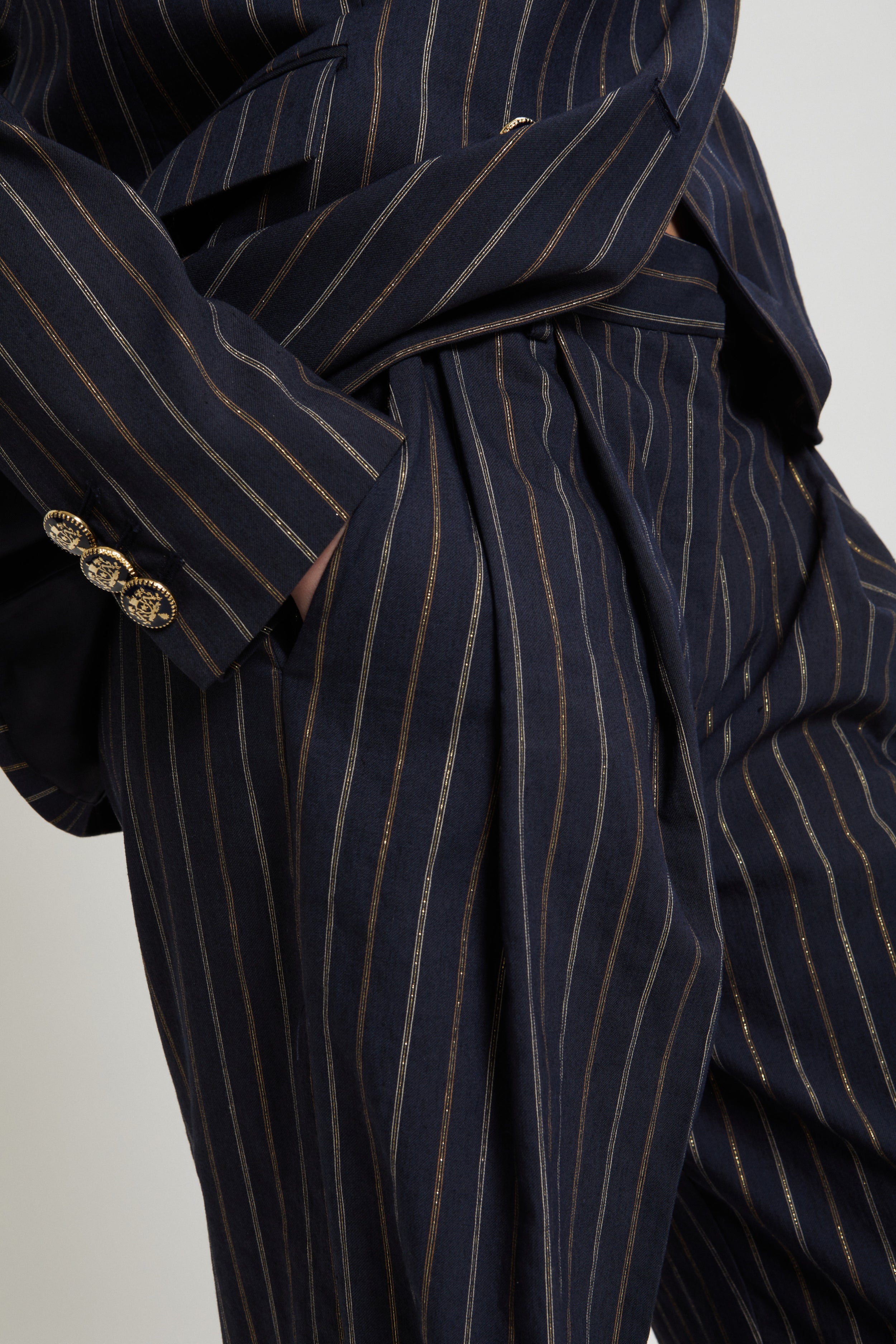Image of PINSTRIPE PANTS WITH GOLD DETAILS