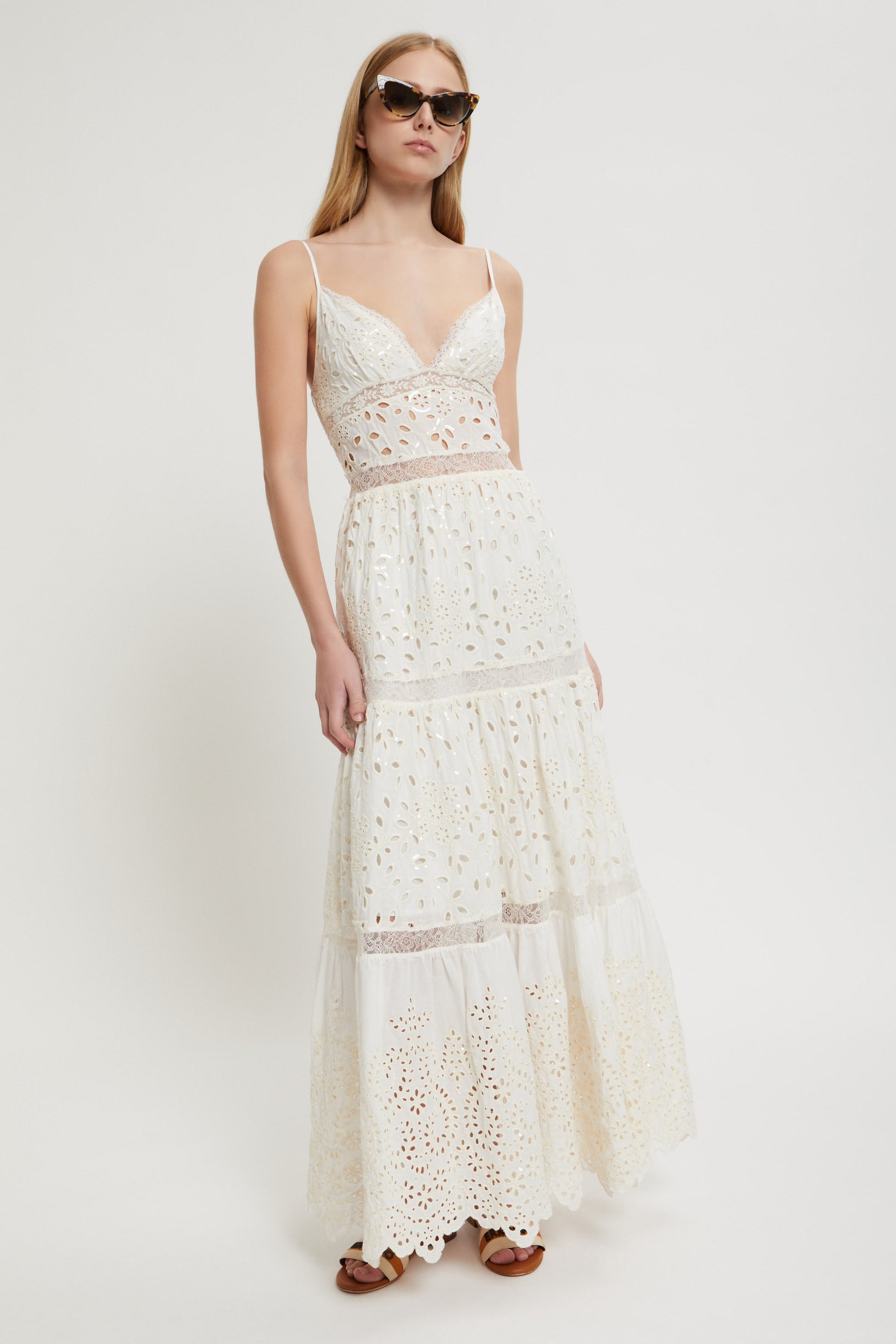 BRODERIE ANGLAISE LONG DRESS WITH SEQUINS
