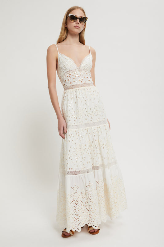 BRODERIE ANGLAISE LONG DRESS WITH SEQUINS