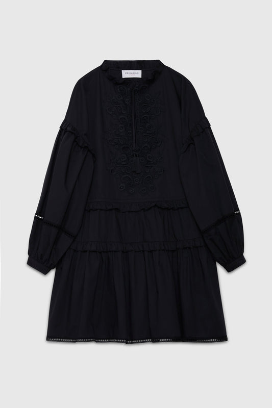 POPLIN DRESS WITH LACE INSERT AND ROUCHES