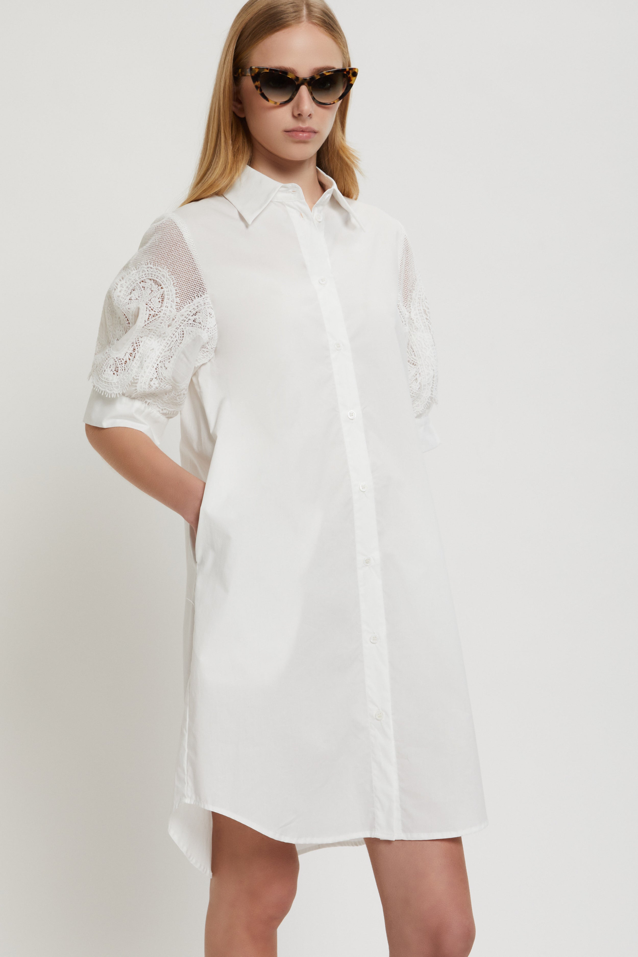 POPLIN CHEMISIER DRESS WITH EMBROIDERED SLEEVES