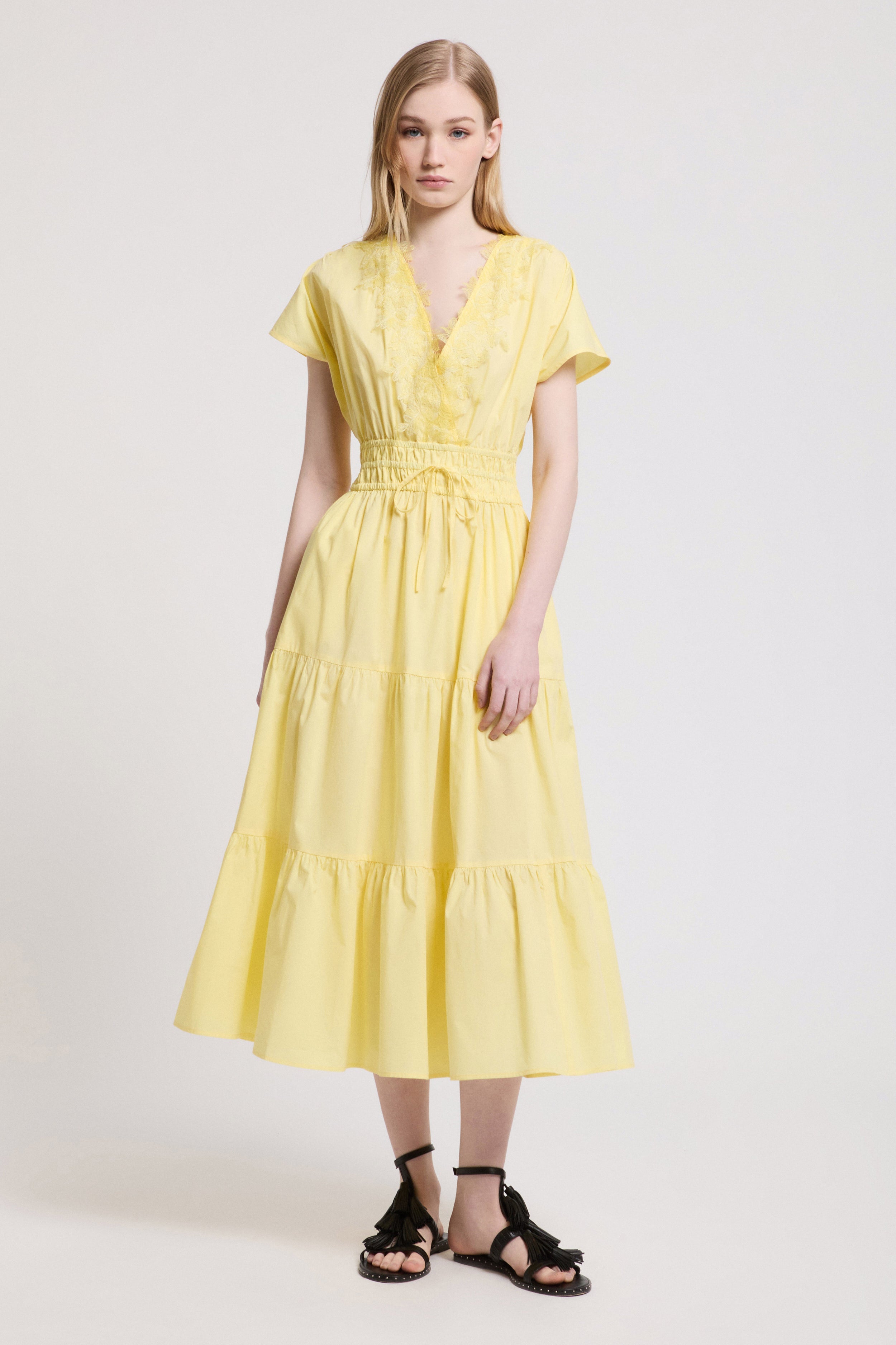 POPLIN DRESS WITH FRILLS AND SHADED LACE