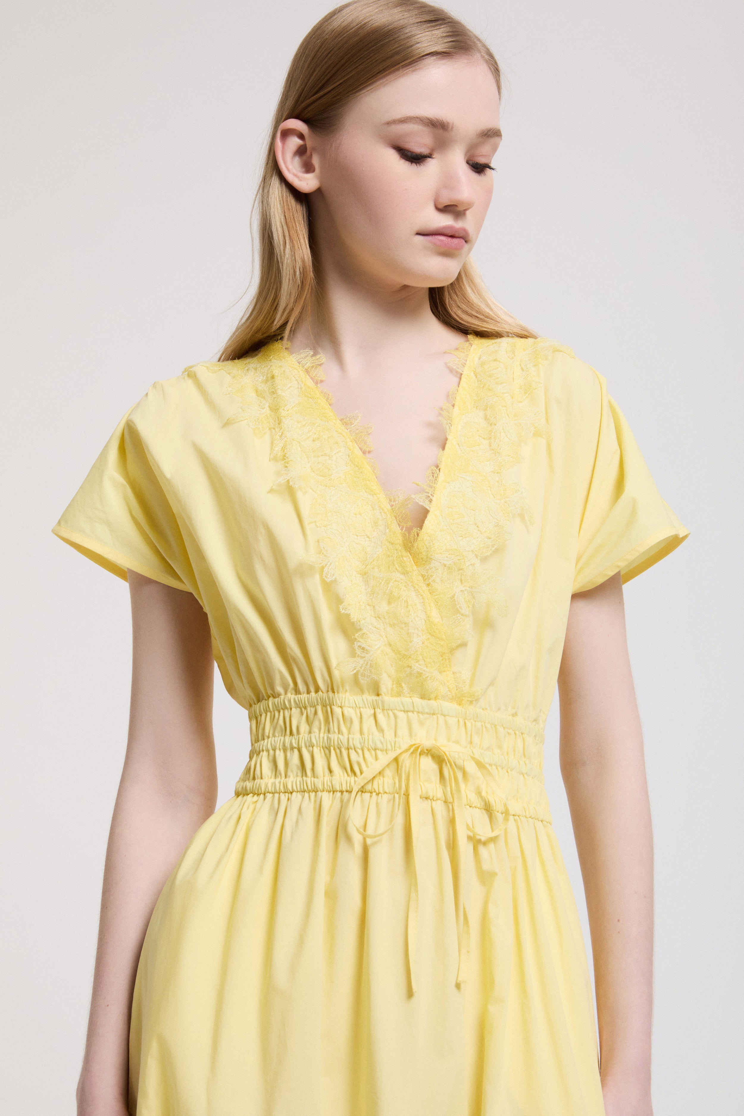 POPLIN DRESS WITH FRILLS AND SHADED LACE