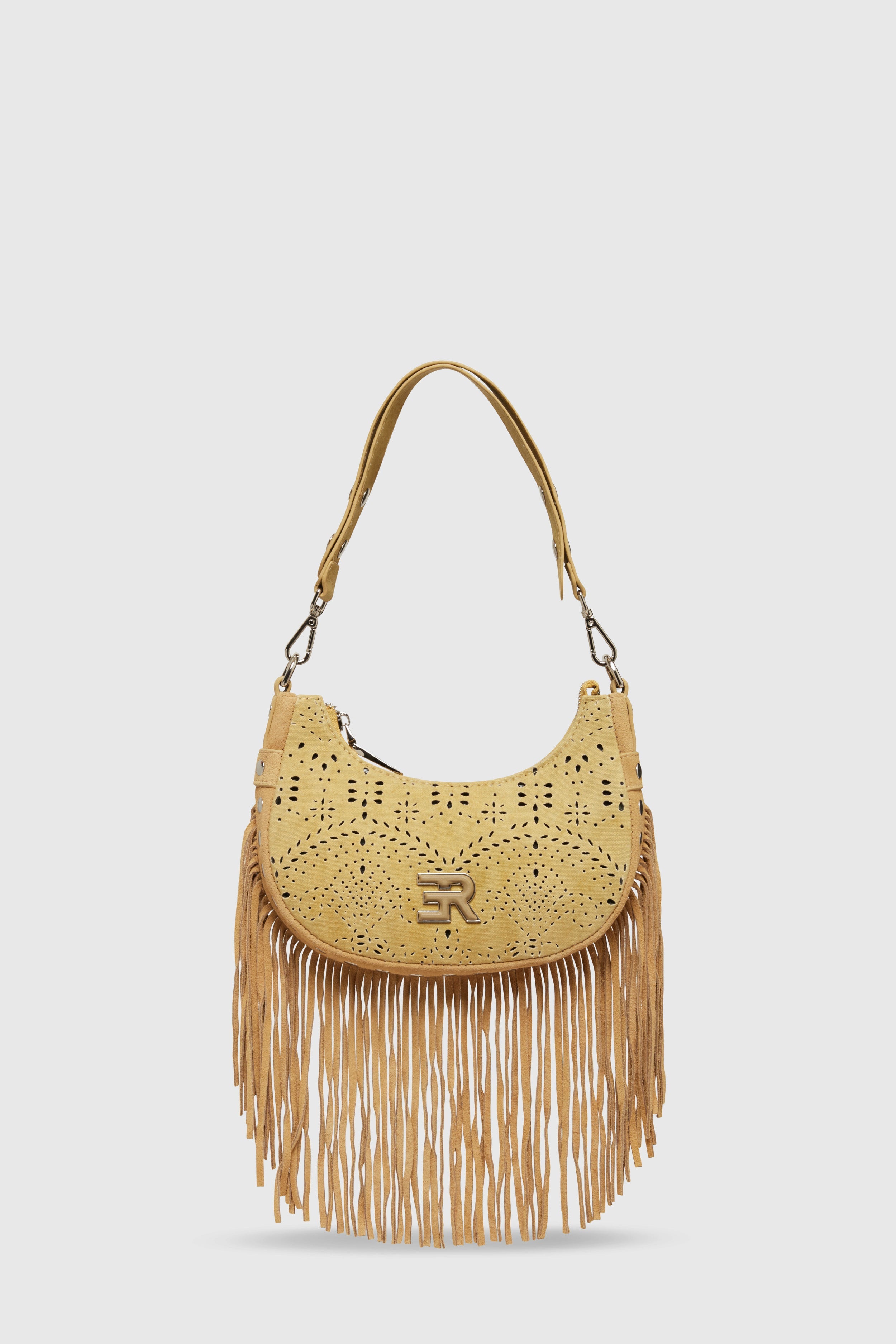 BORSA HOBO IN CANVAS TRAFORATO CON FRANGE E BORCHIE