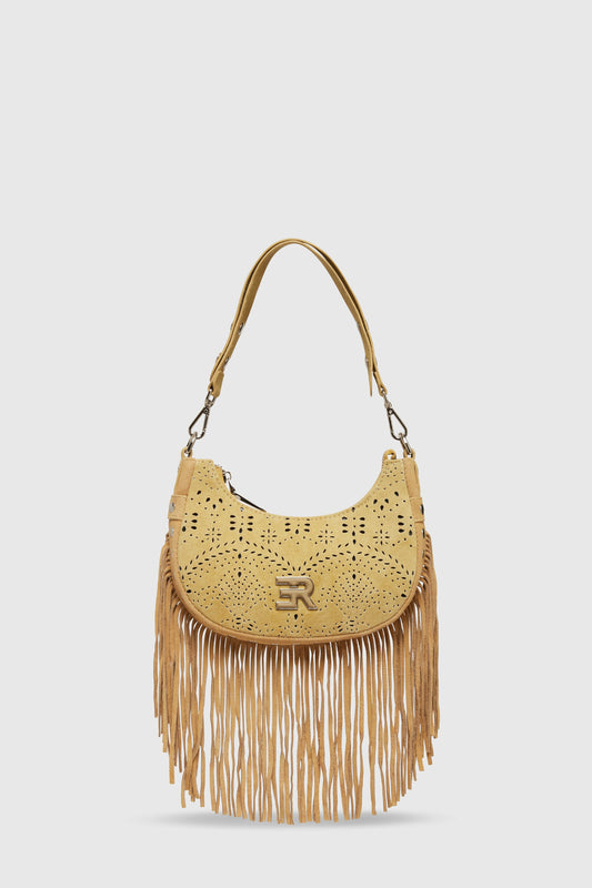 BORSA HOBO IN CANVAS TRAFORATO CON FRANGE E BORCHIE