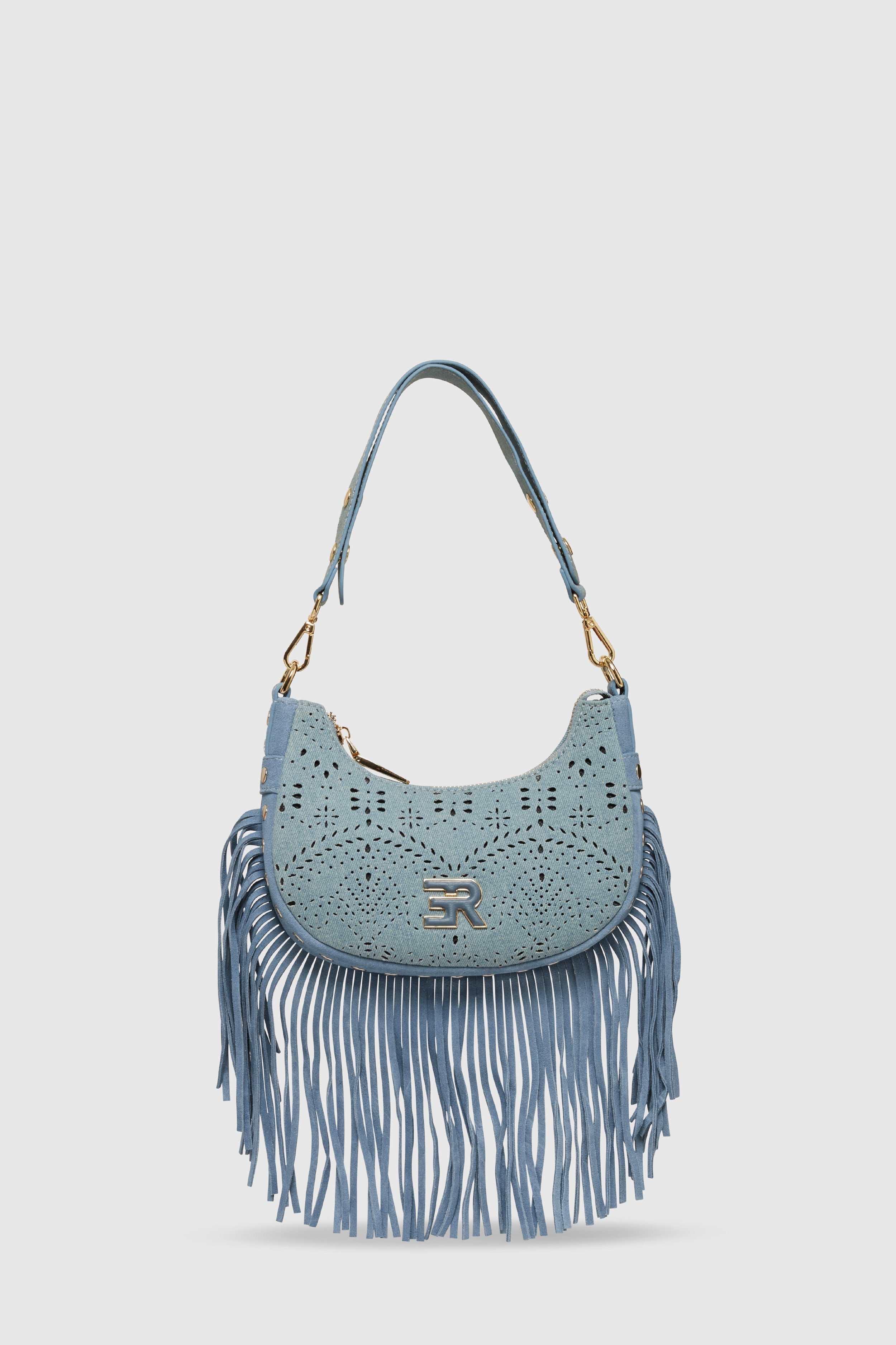 OPENWORKED HOBO BAG WITH FRINGES AND STUDS