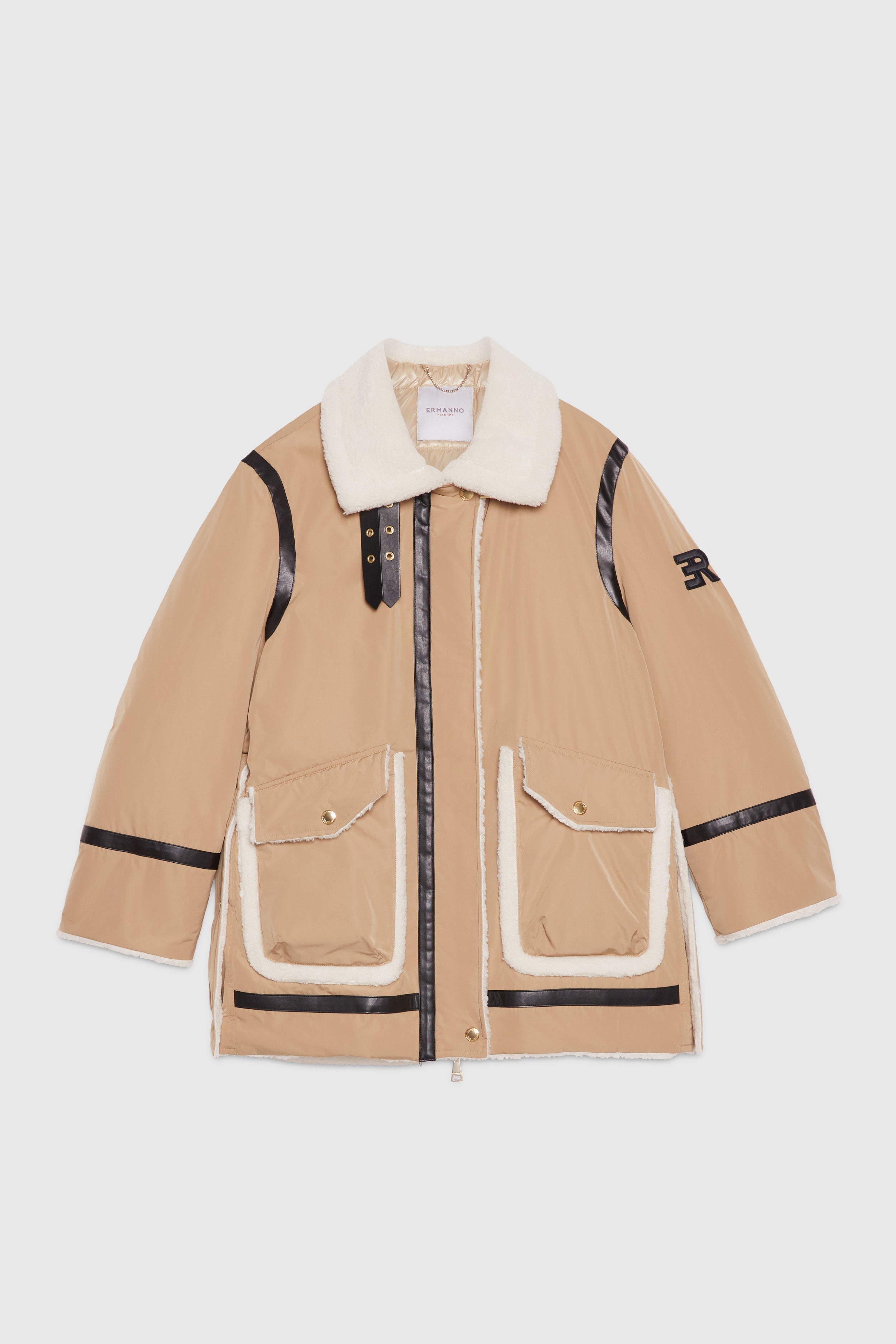 PARKA DI PIUMA CON INSERTI IN MONTONE E PELLE ECOLOGICI