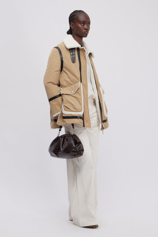 PARKA DOWN JACKET WITH FAUX LEATHER AND FAUX SHEEPSKIN INSERTS