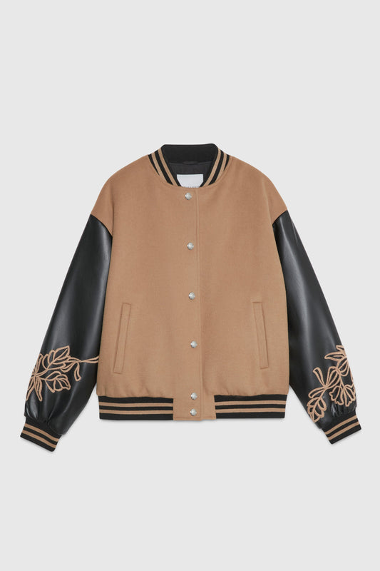 DOUBLE FABRIC BOMBER JACKET WITH FAUX-LEATHER SLEEVES