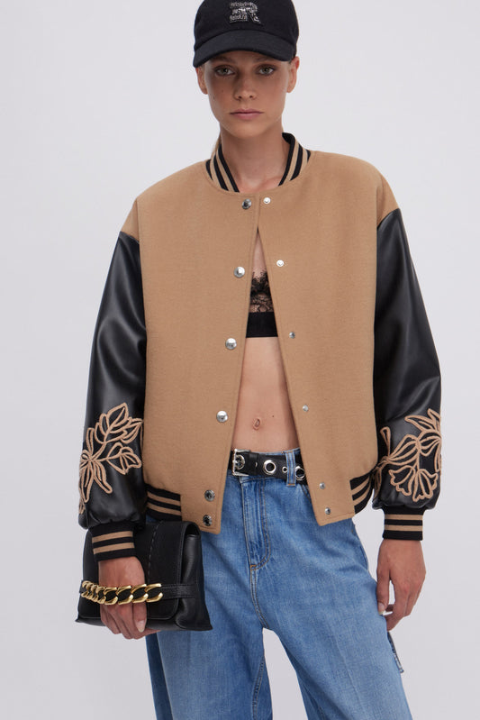 DOUBLE FABRIC BOMBER JACKET WITH FAUX-LEATHER SLEEVES