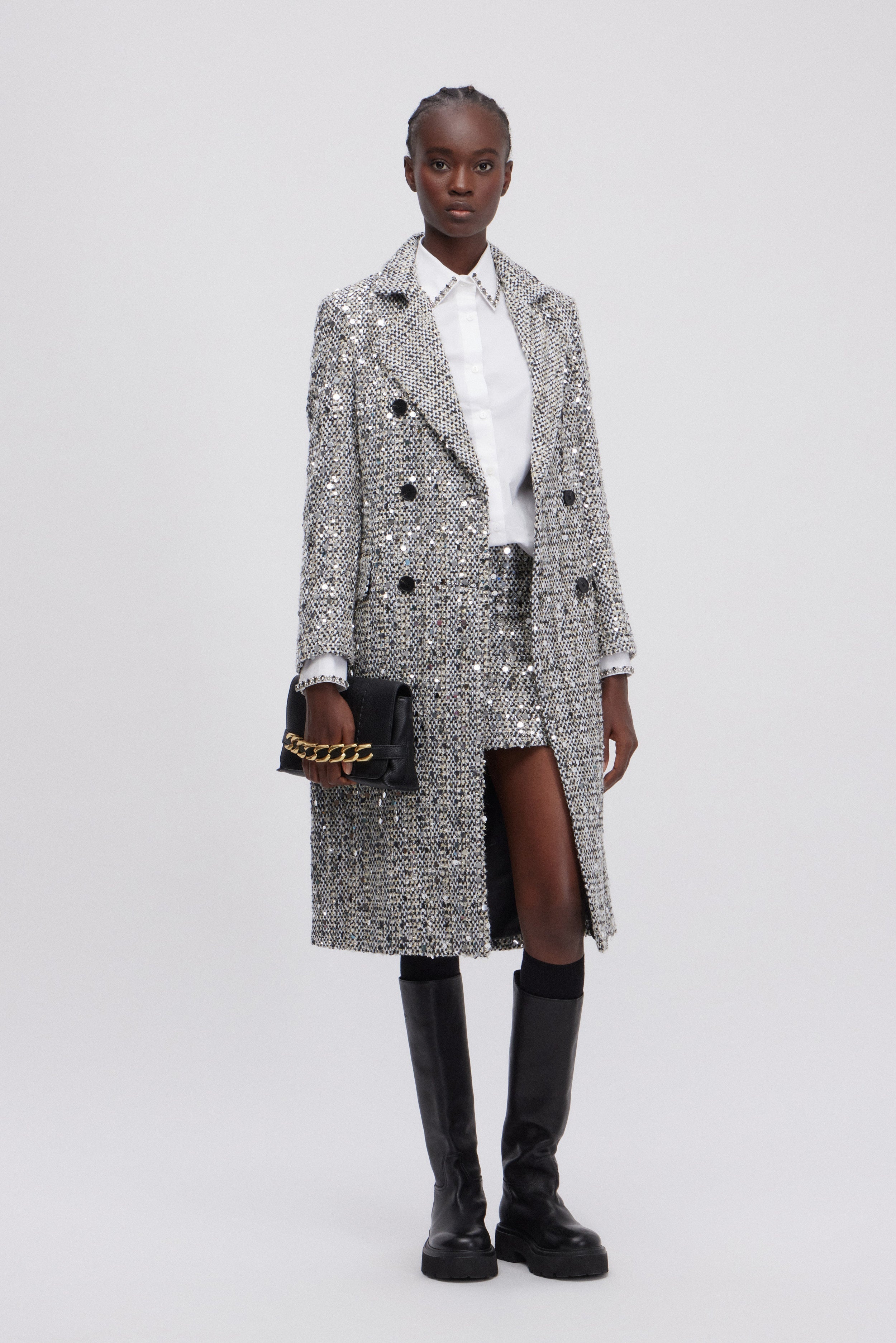 CAPPOTTO IN TWEED CON PAILLETTES ARGENTO