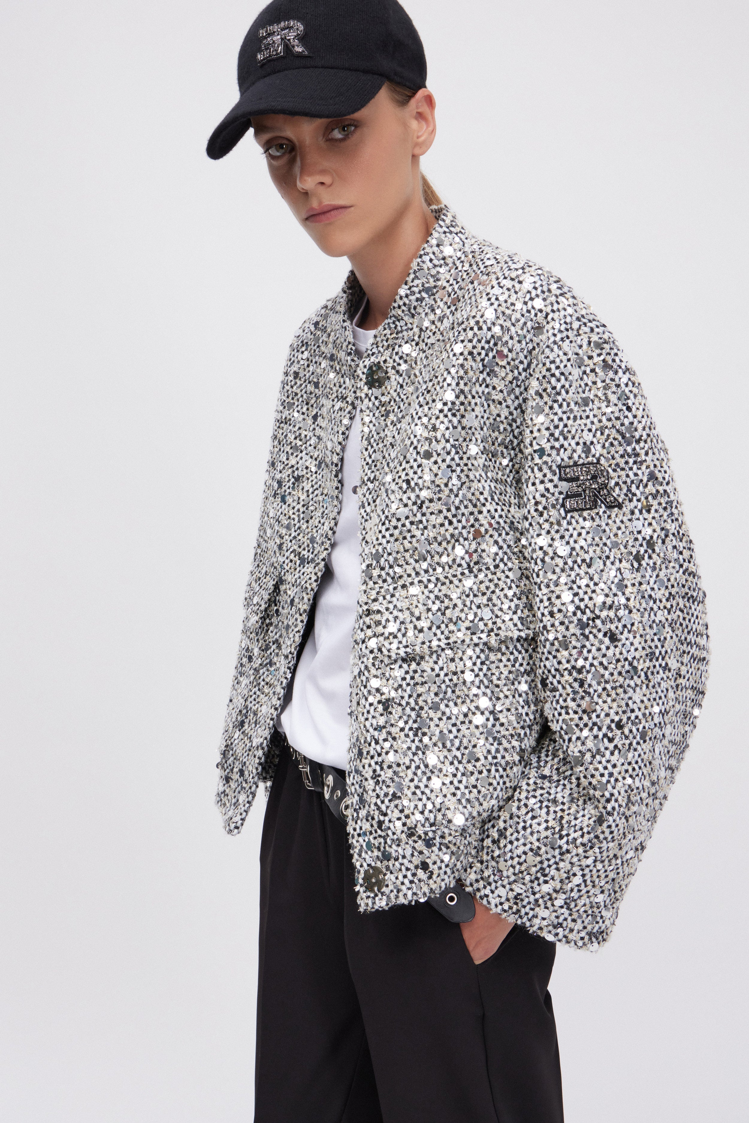 GIACCA IN TWEED CON PAILLETTES ARGENTO