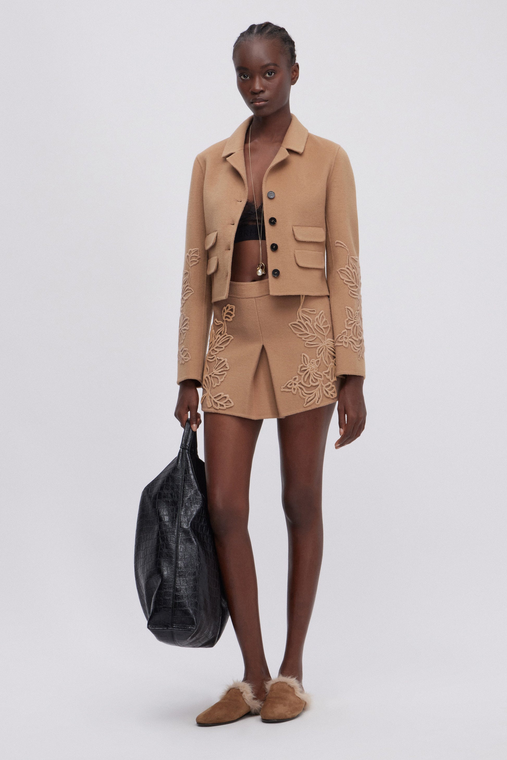 DOUBLE FABRIC CROPPED JACKET WITH EMBOROIDERY