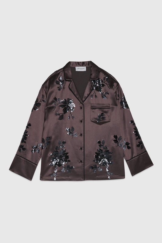 CAMICIA A PIGIAMA IN RASO CON FIORI DI PAILLETTES